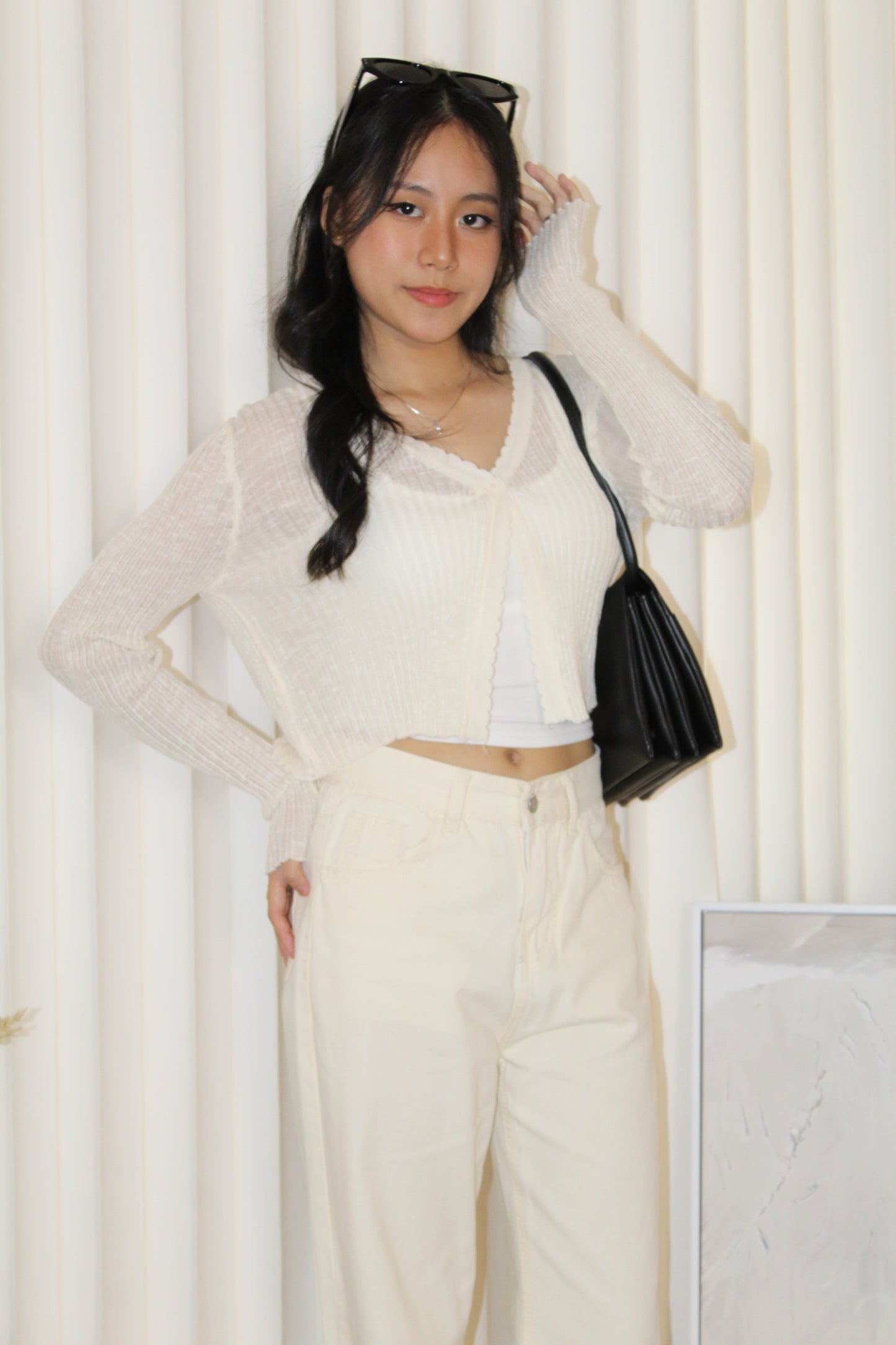 Elena Sheer Crop Cardigan (Cream)