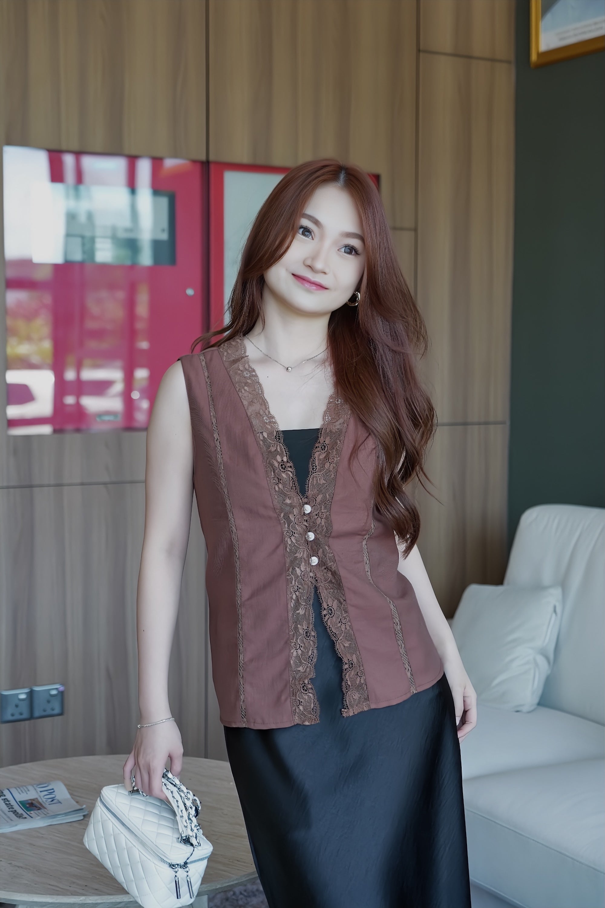 Aurora Linen Lace Vest Top (Brown)