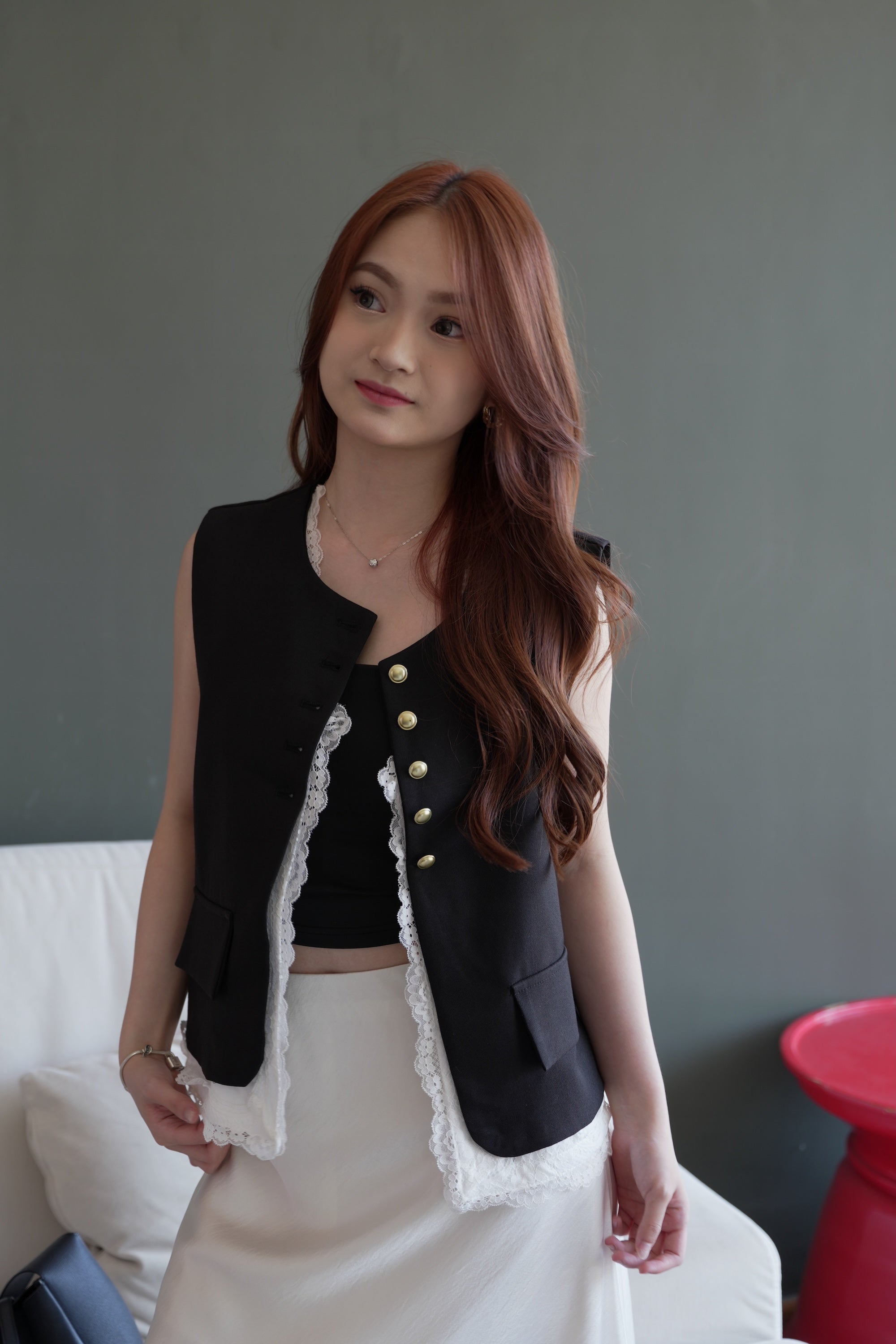 Faye Lace Vest Suit Top (Black)