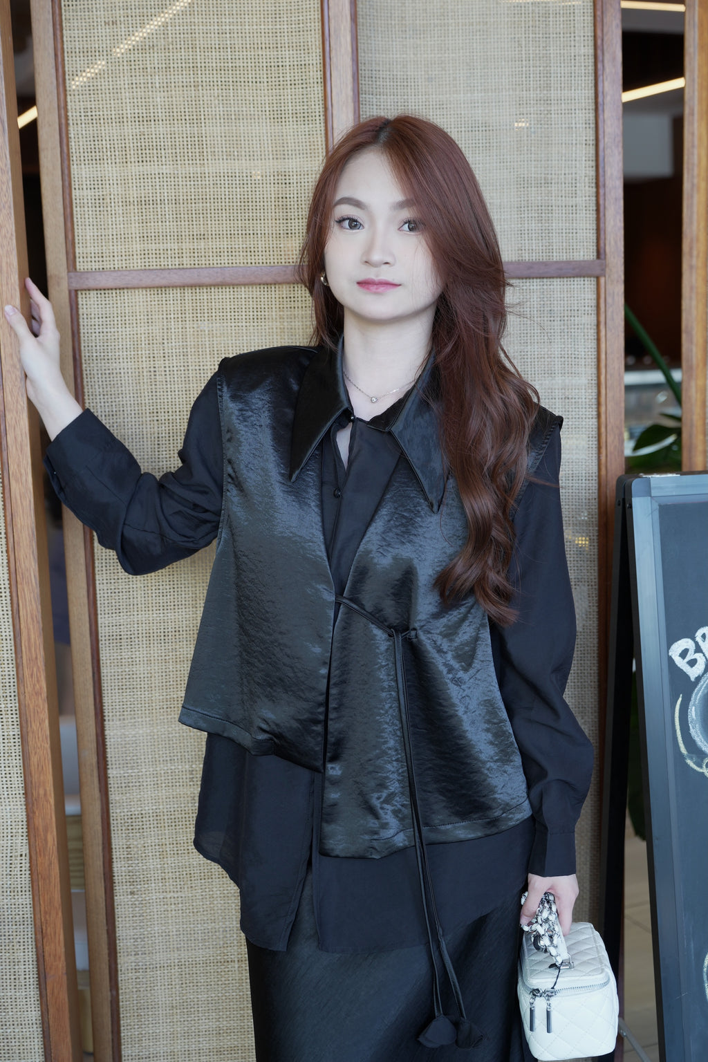 Arianna Satin Long Sleeve Top (Black)