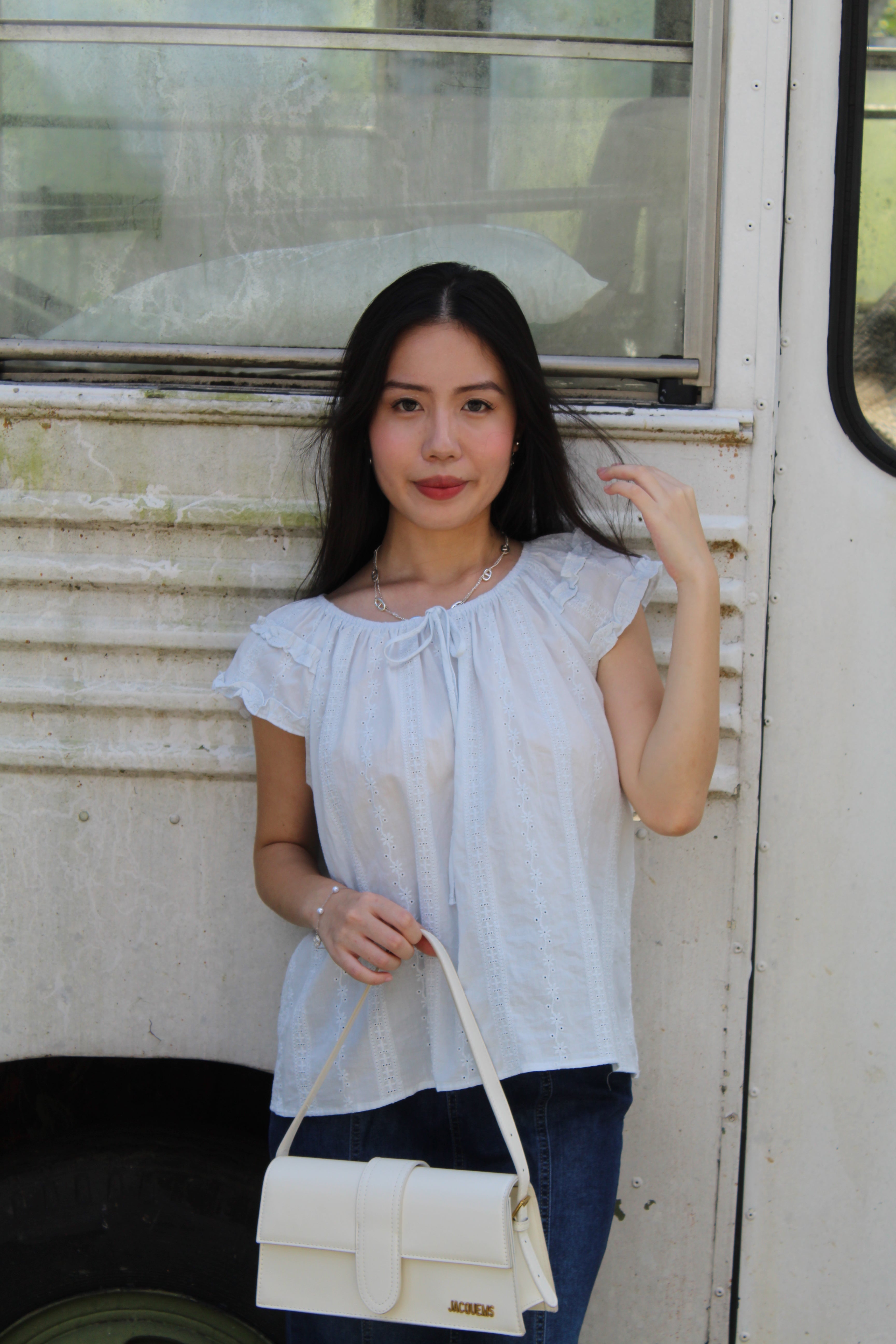 Kaliyah Broderie Ruffle Top (Blue）