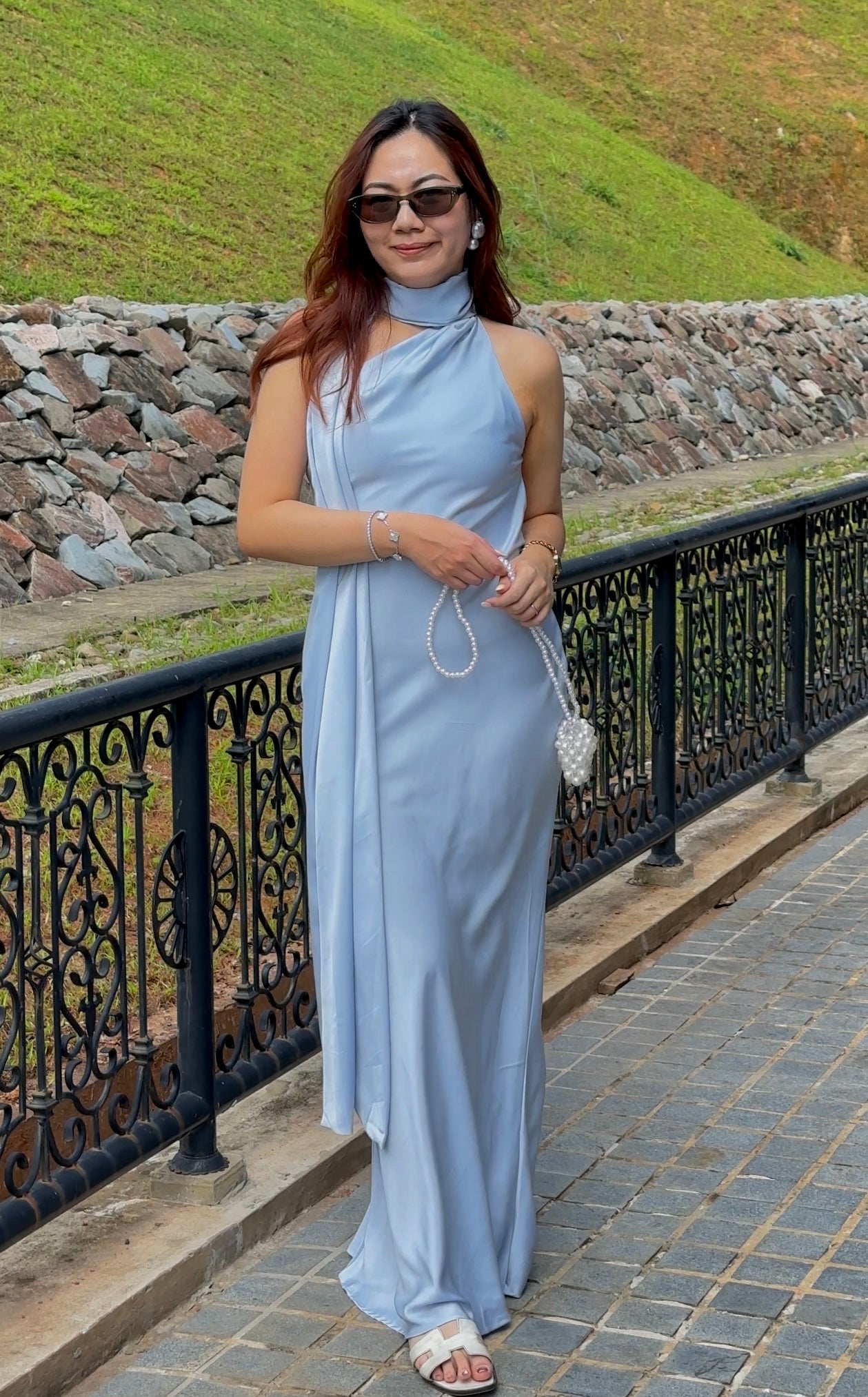 Lorelle Satin Bare Back Maxi Dress (Blue)
