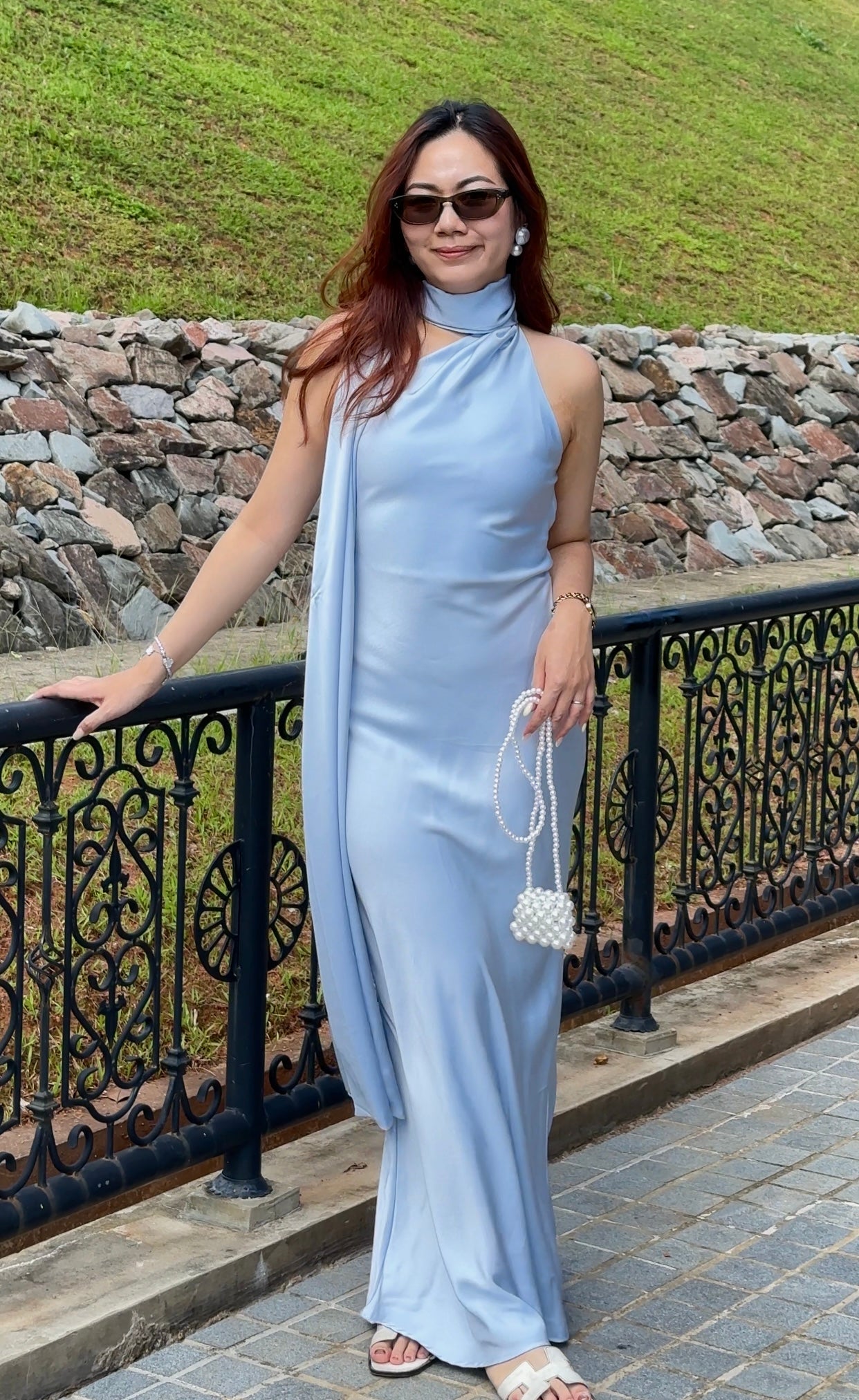 Lorelle Satin Bare Back Maxi Dress (Blue)