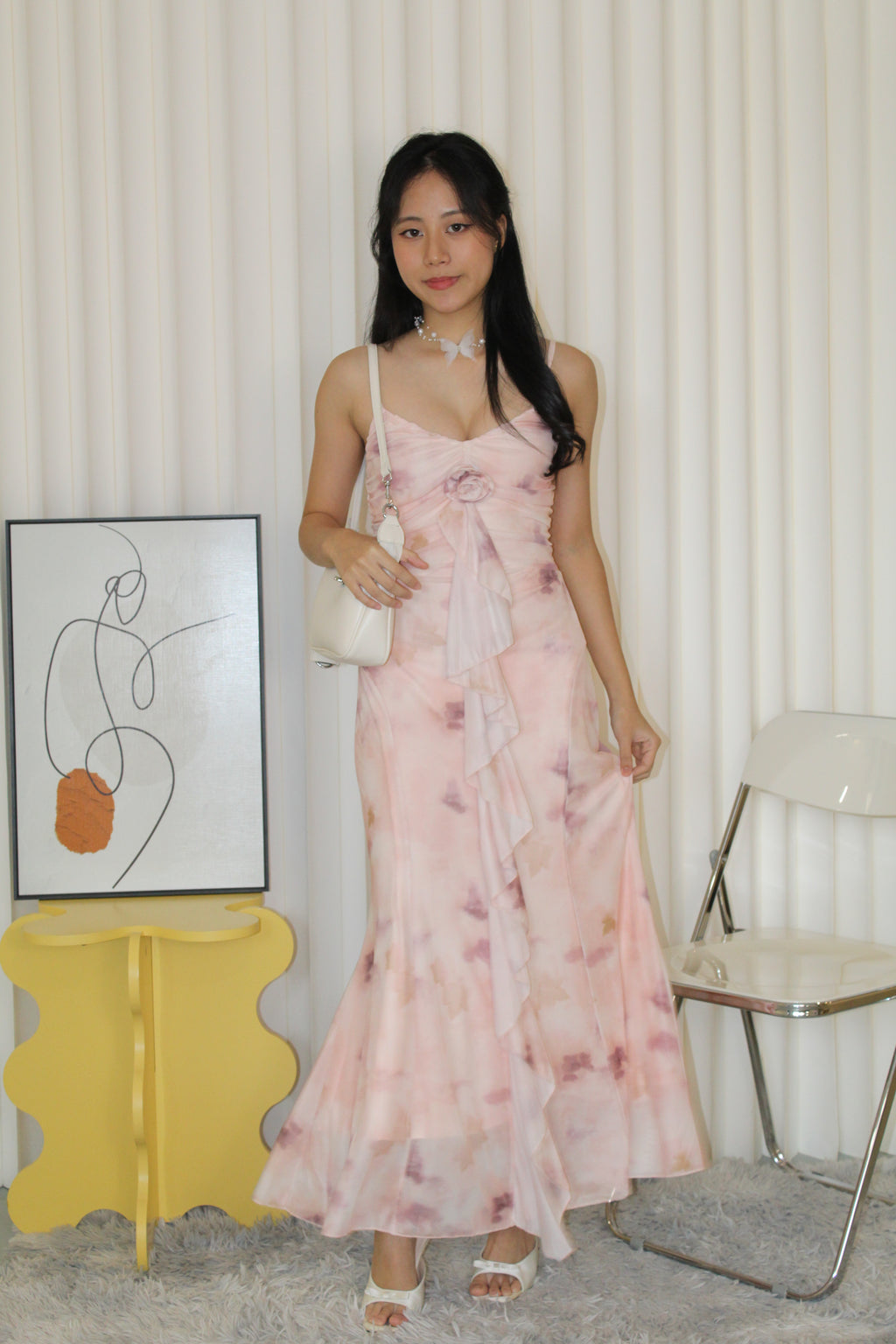 Ginnie Floral Mesh Midaxi Dress (Cream)