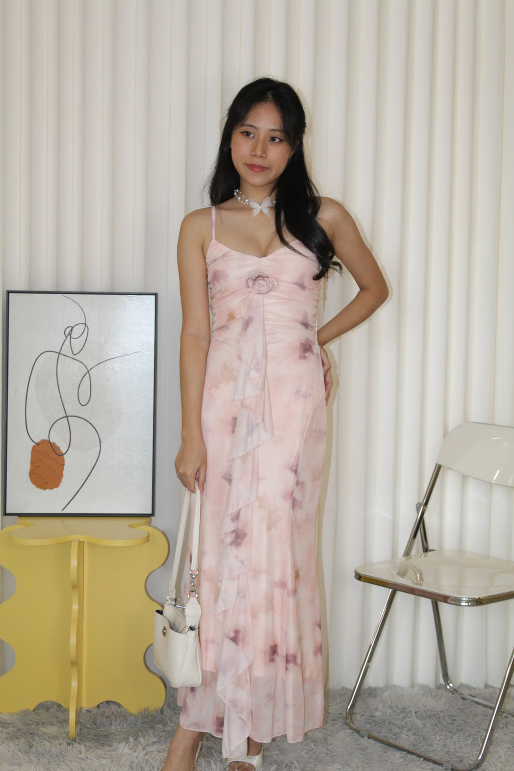 Ginnie Floral Mesh Midaxi Dress (Cream)