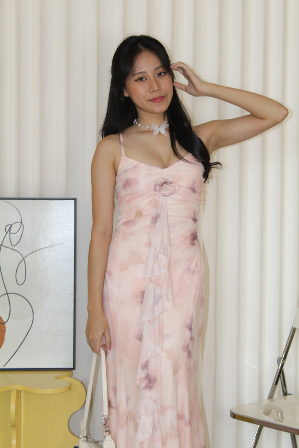 Ginnie Floral Mesh Midaxi Dress (Cream)