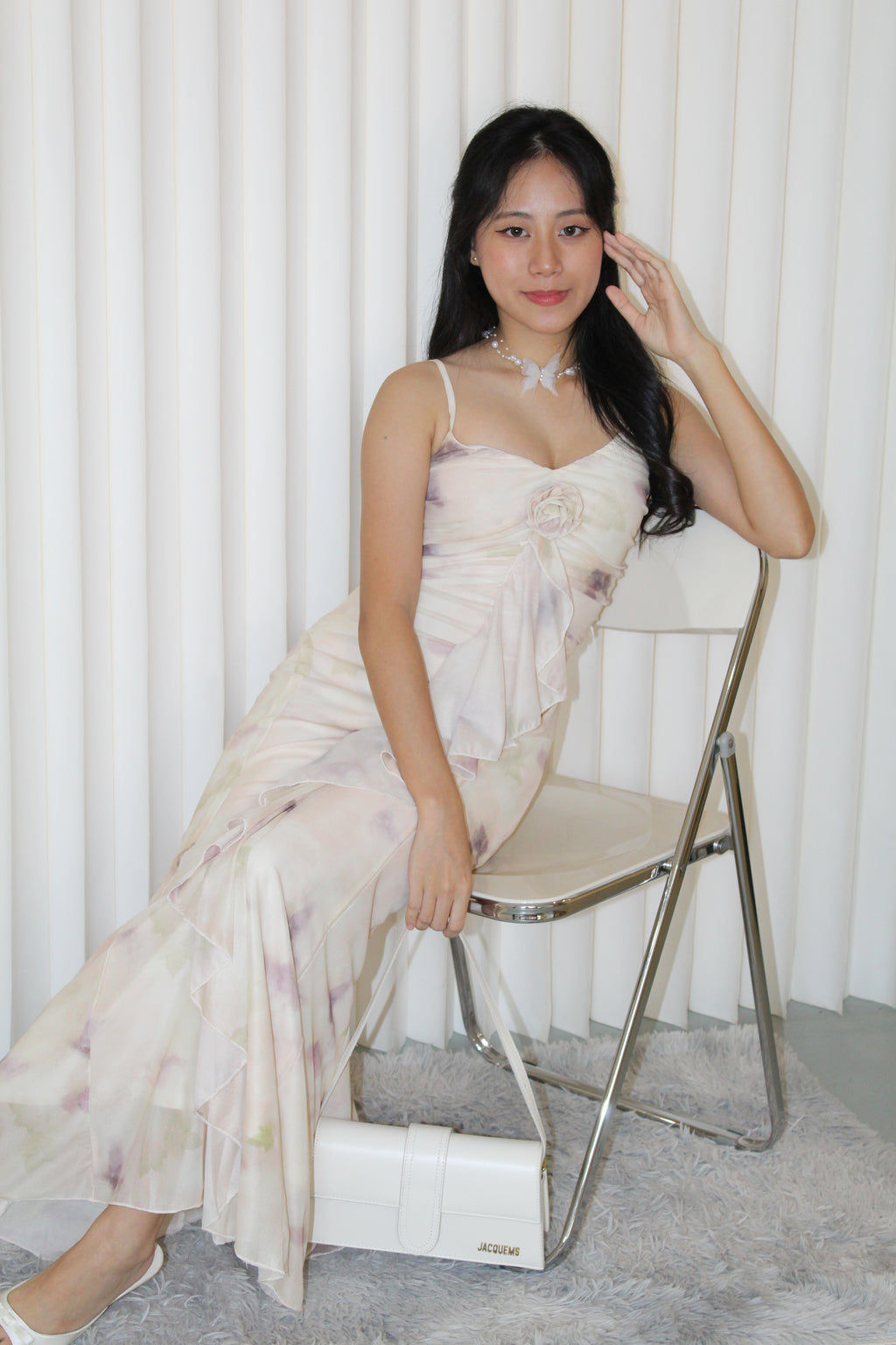 Ginnie Floral Mesh Midaxi Dress (Cream)