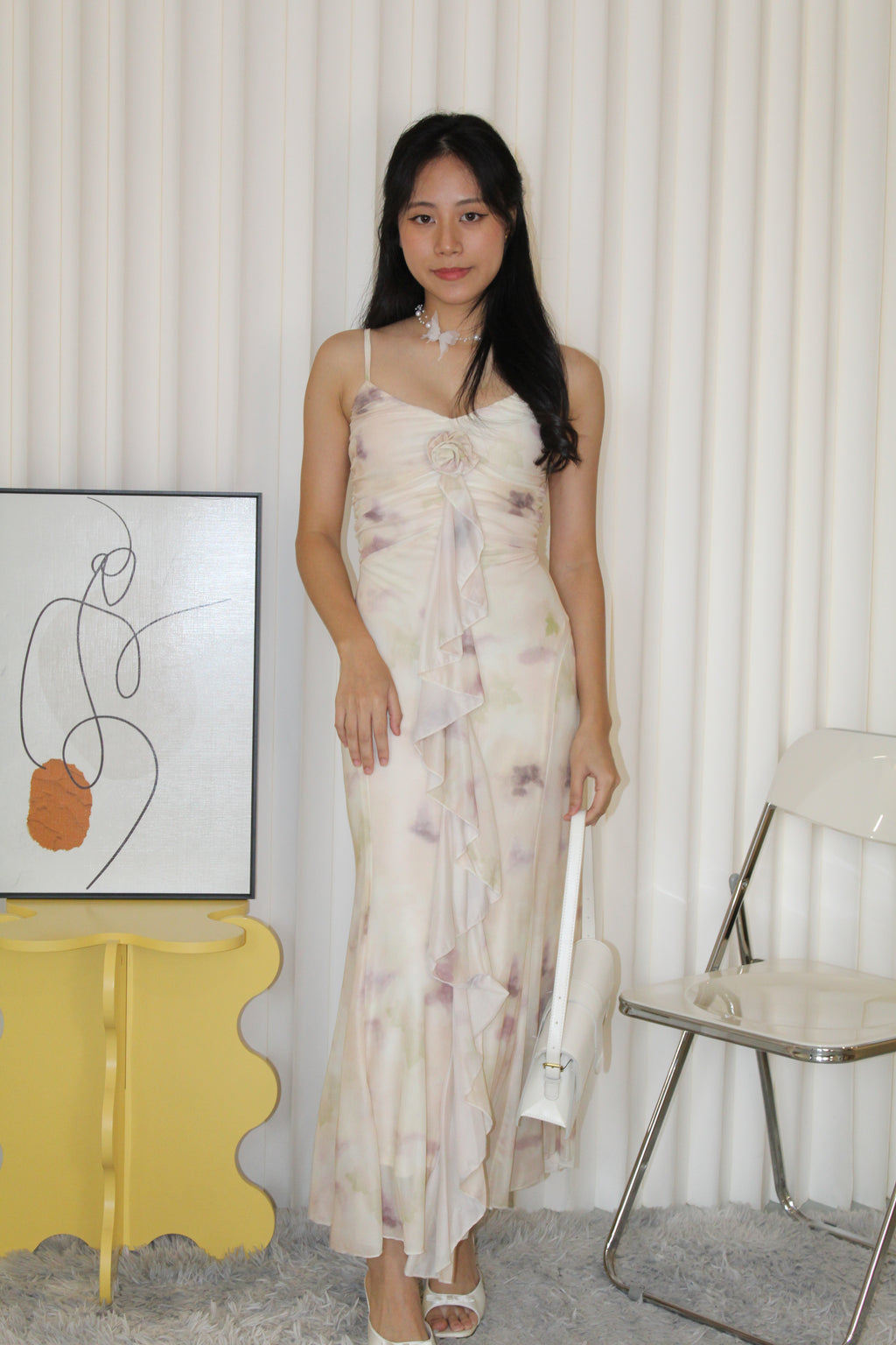 Ginnie Floral Mesh Midaxi Dress (Cream)