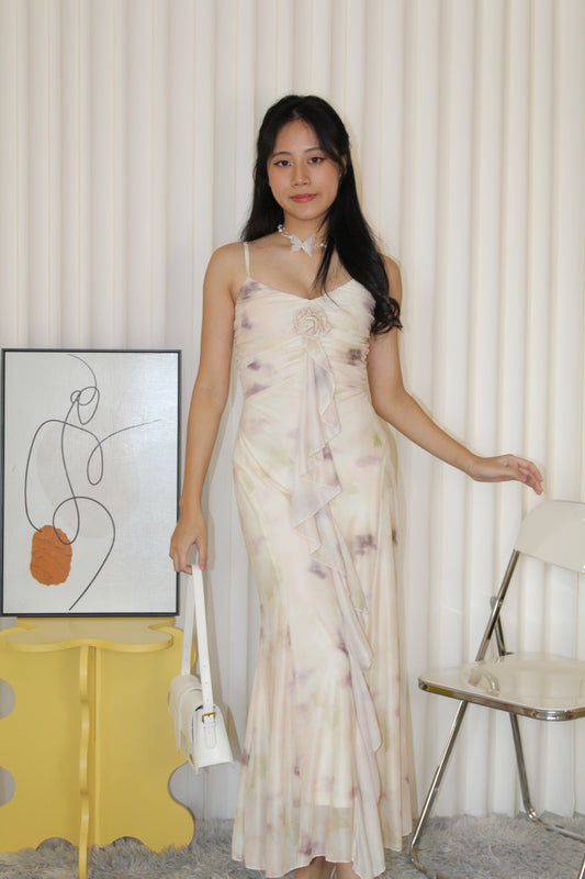 Ginnie Floral Mesh Midaxi Dress (Cream)
