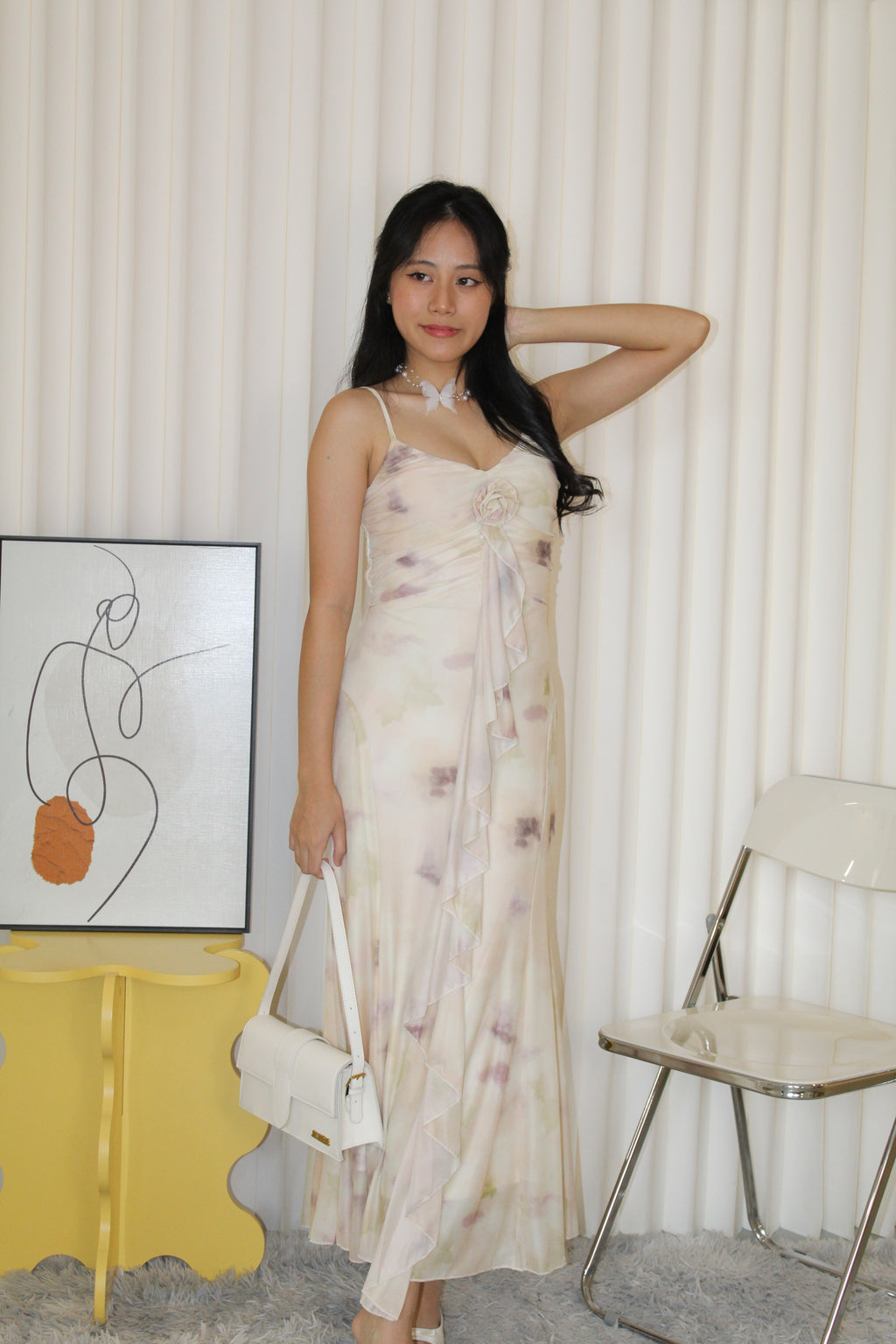 Ginnie Floral Mesh Midaxi Dress (Cream)