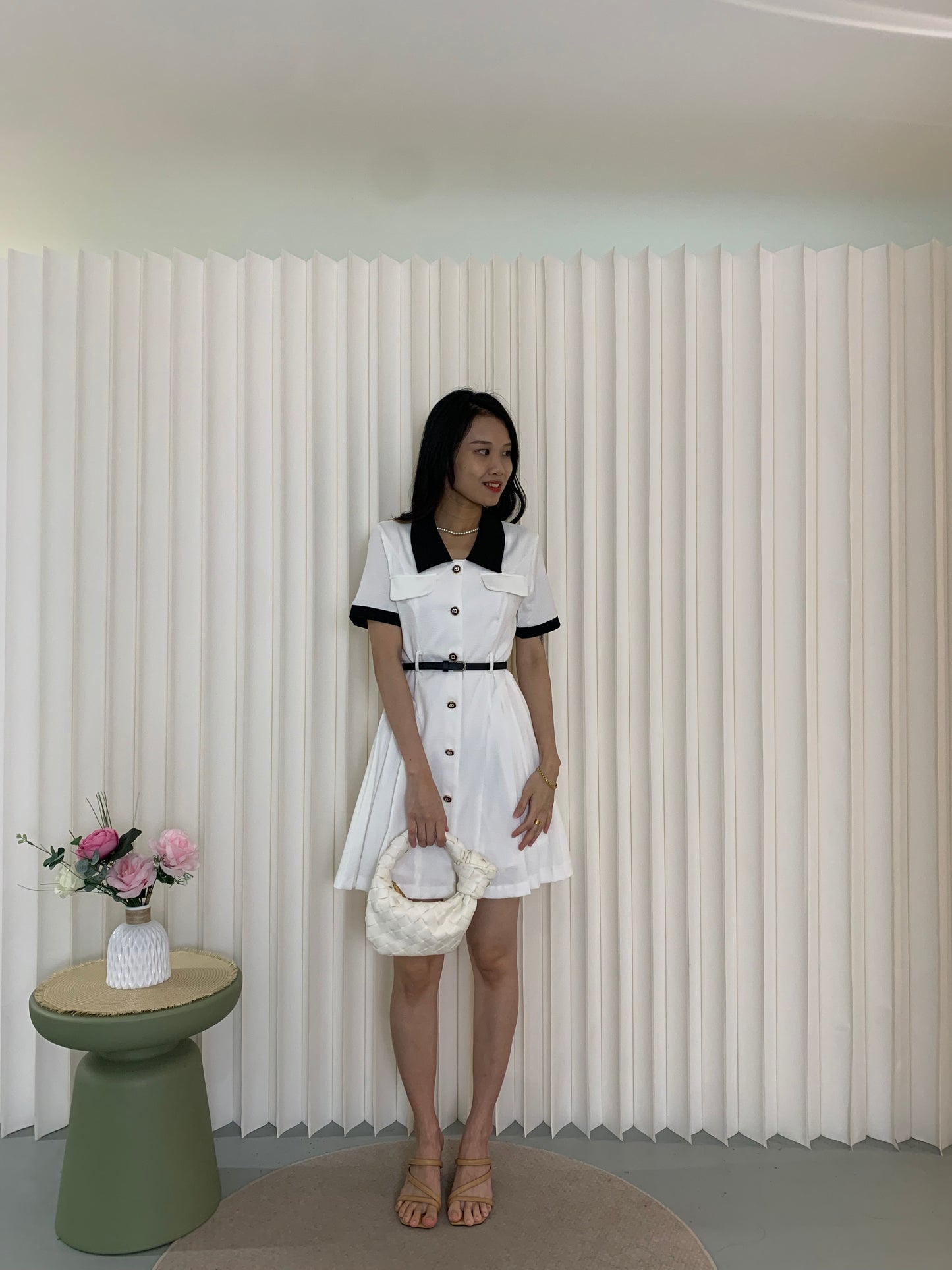 Fannie Collared Mini Dress with Belt (White)