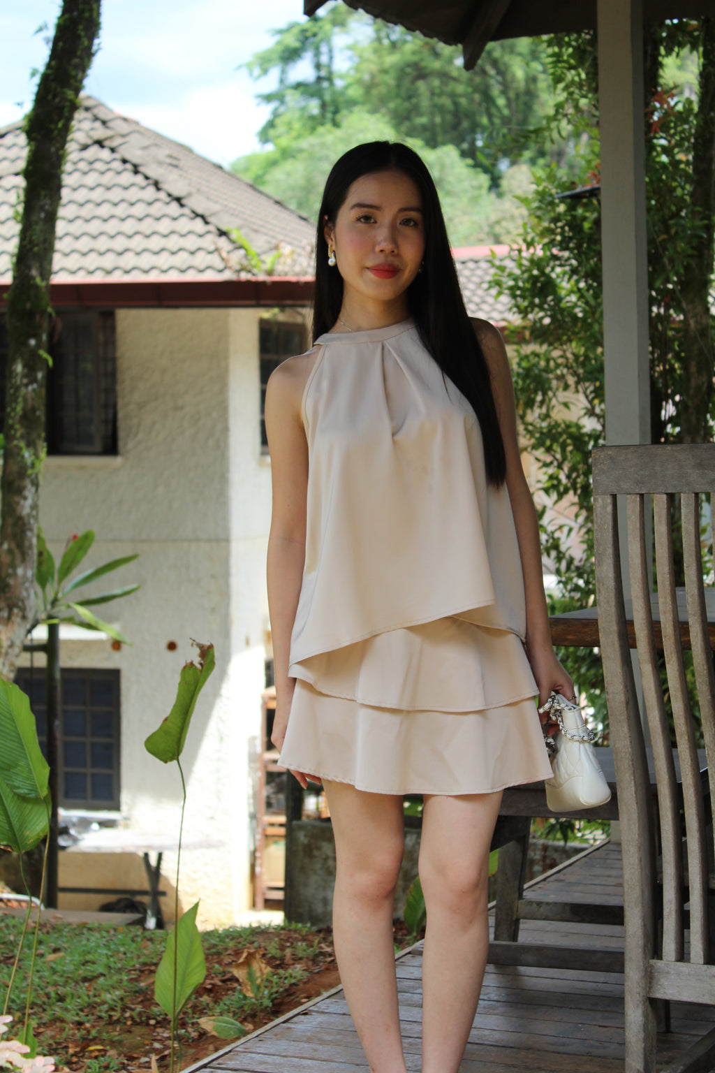 Mira Halter Satin Two Piece Skirt Set (Khaki)