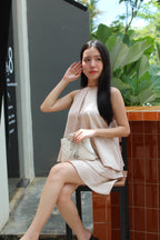Mira Halter Satin Two Piece Skirt Set (Khaki)