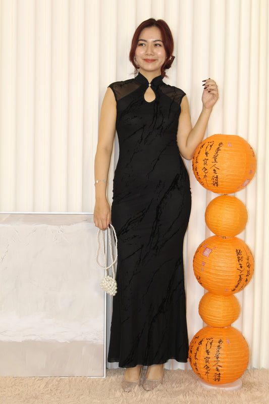 Bella Mesh Cheongsam Maxi Dress (Black)
