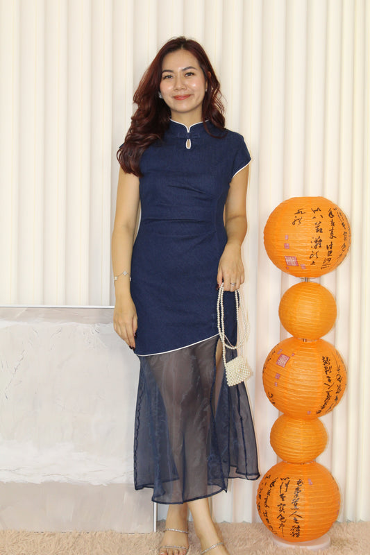Ruhan Denim Cheongsam Midaxi Dress (Dark Blue)