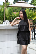 Mira Halter Satin Two Piece Skirt Set (Black)