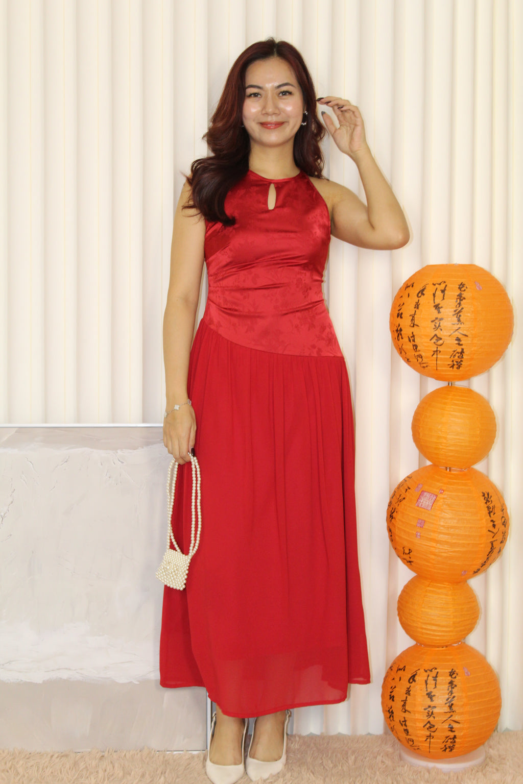 Emilia Cheongsam Flare Maxi Dress (Red)