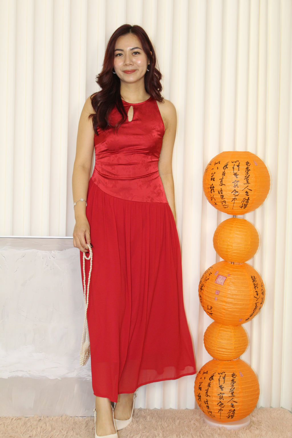 Emilia Cheongsam Flare Maxi Dress (Red)