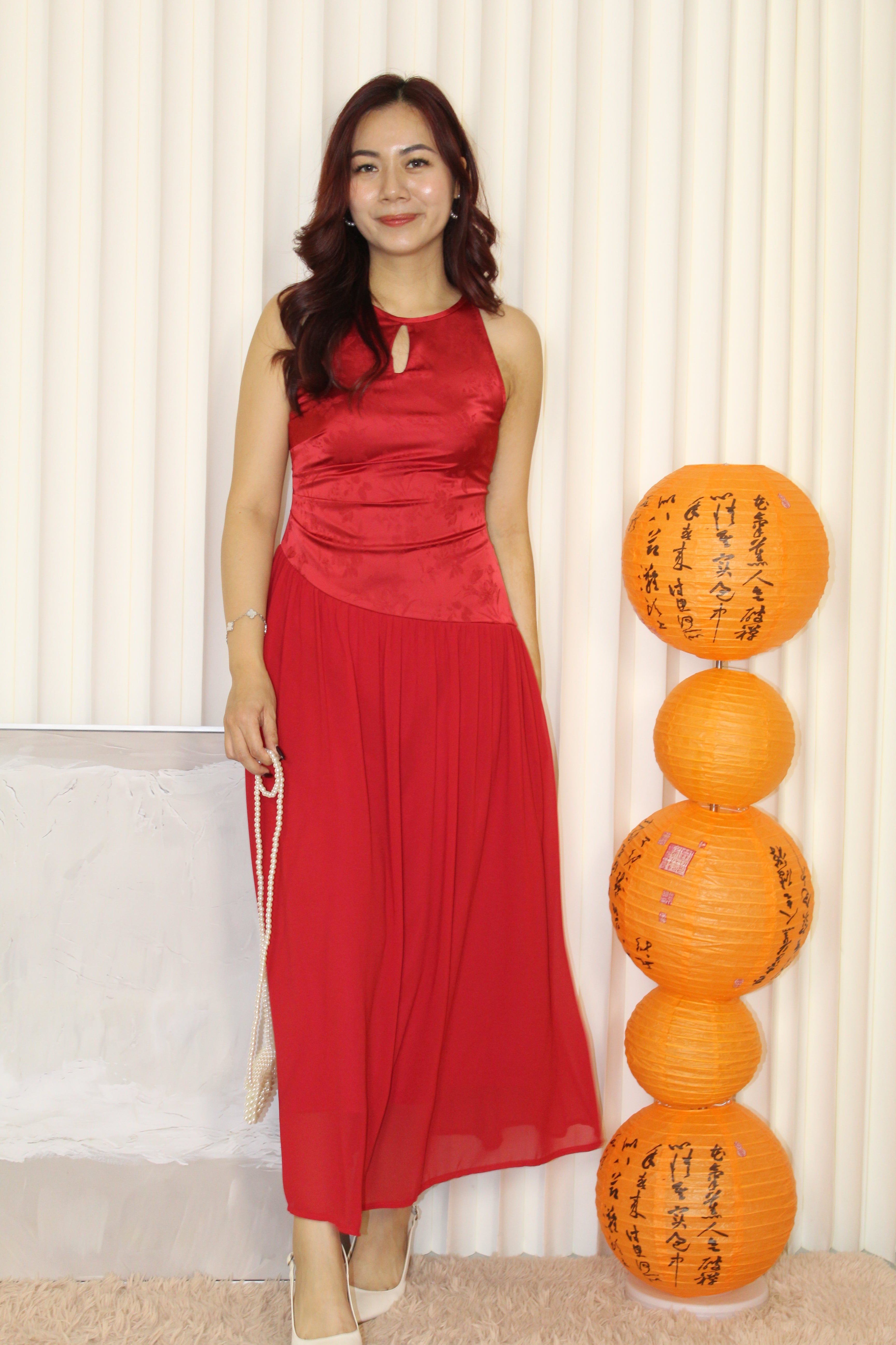Emilia Cheongsam Flare Maxi Dress (Red)