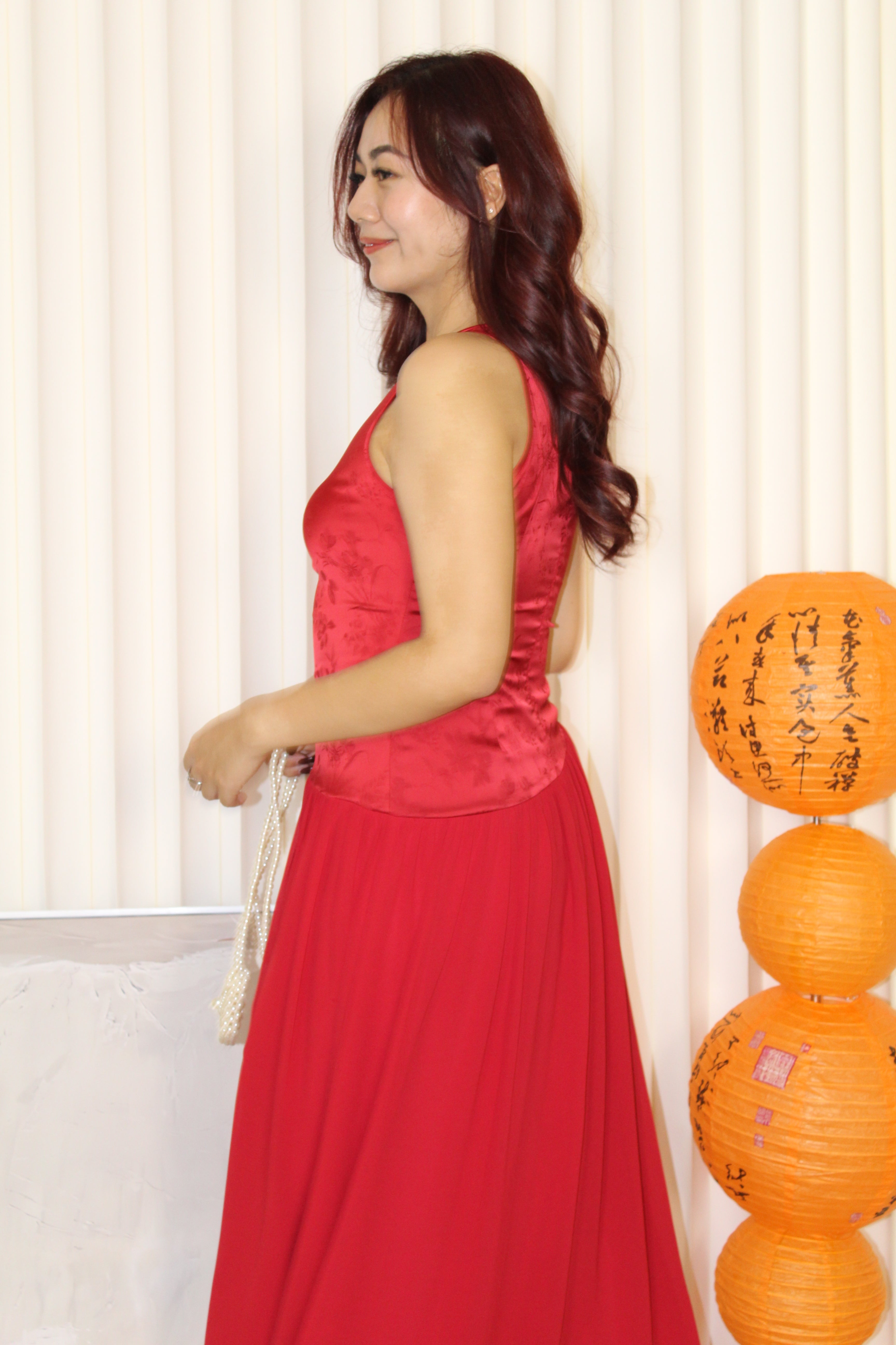Emilia Cheongsam Flare Maxi Dress (Red)