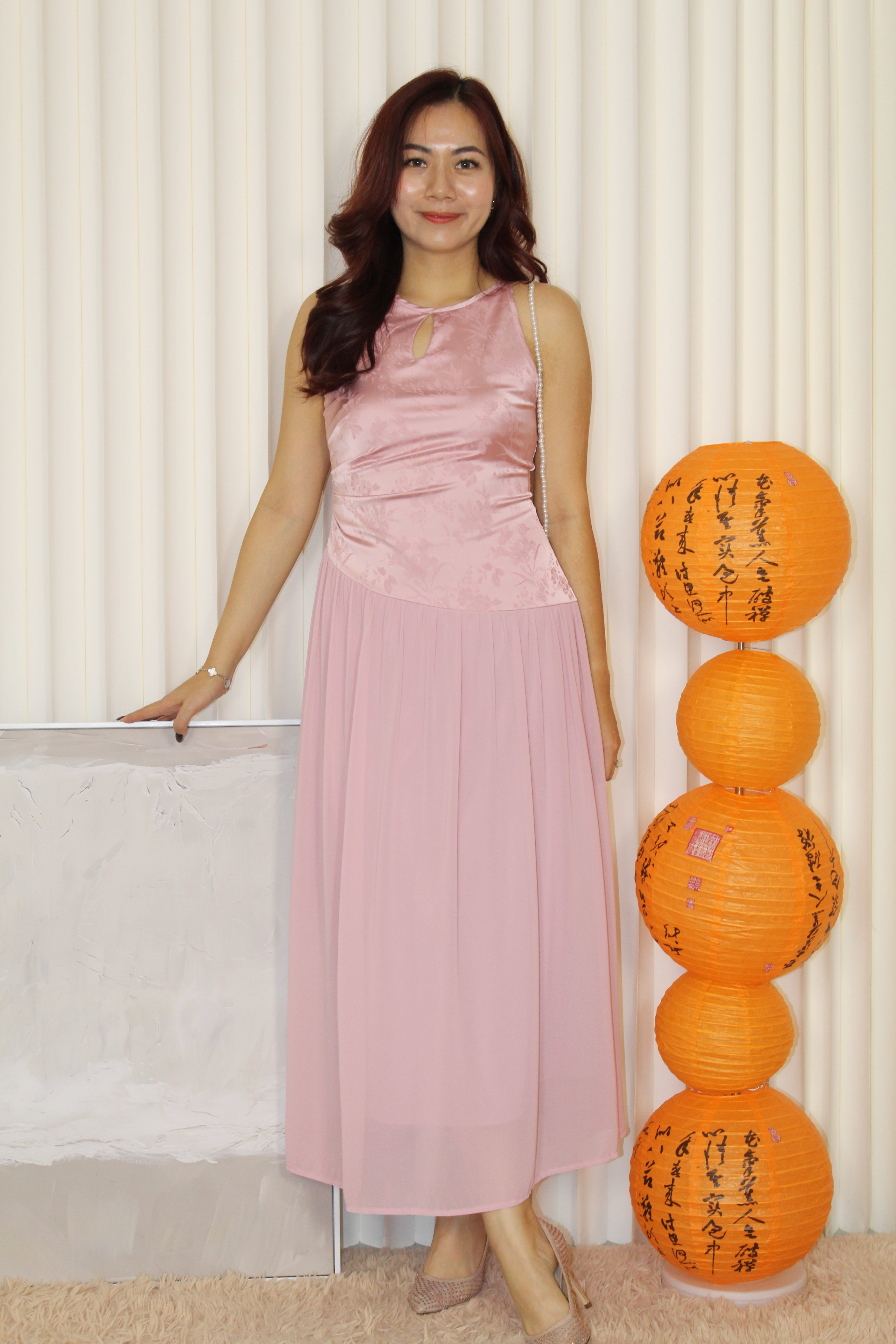 Emilia Cheongsam Flare Maxi Dress (Pink)