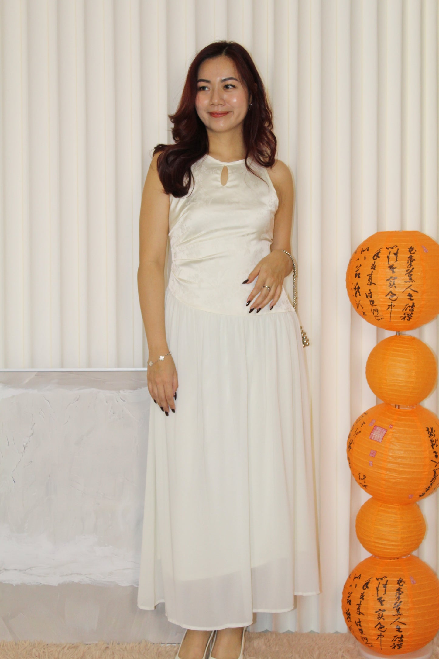 Emilia Cheongsam Flare Maxi Dress (Cream)