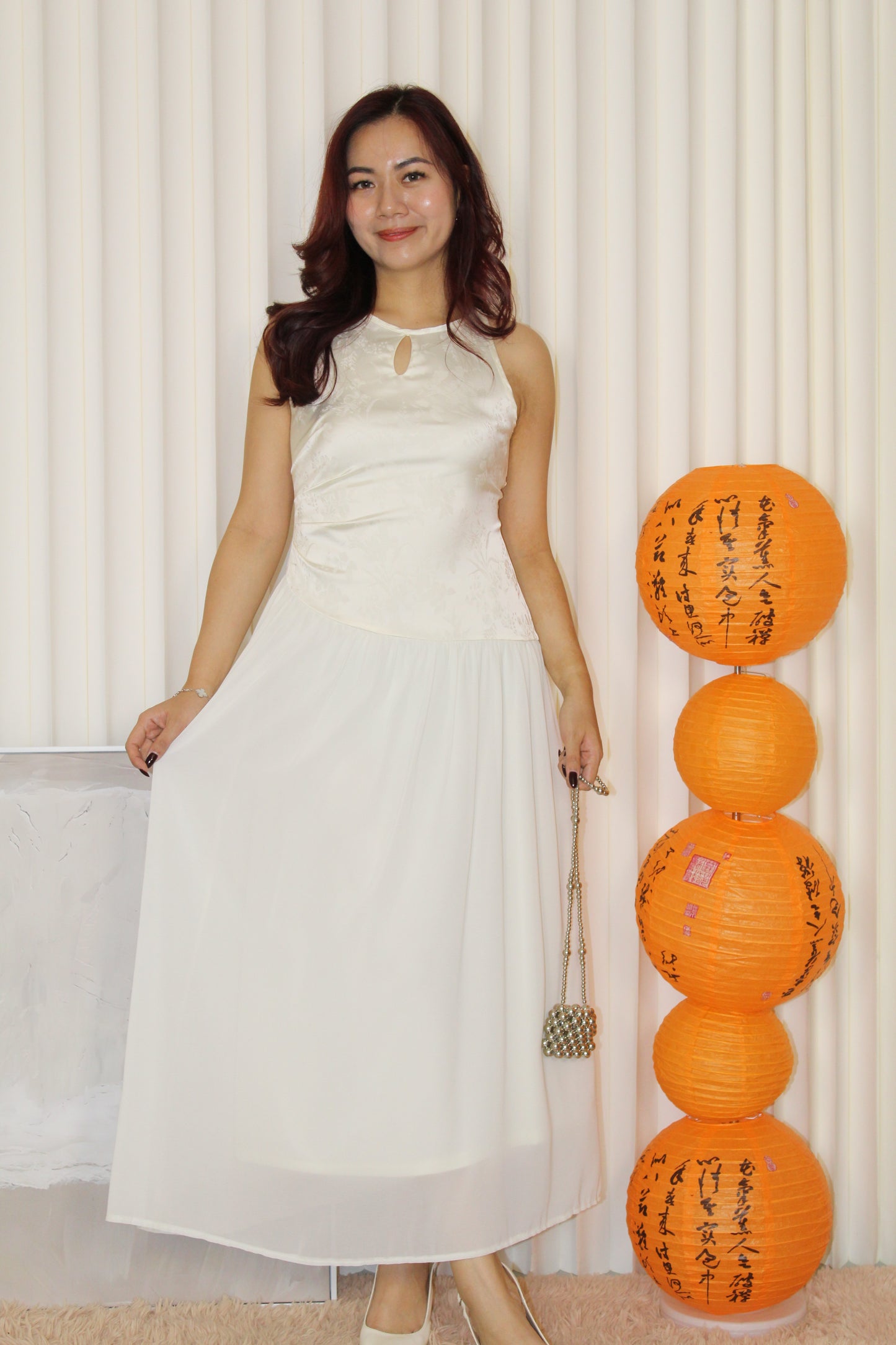 Emilia Cheongsam Flare Maxi Dress (Cream)