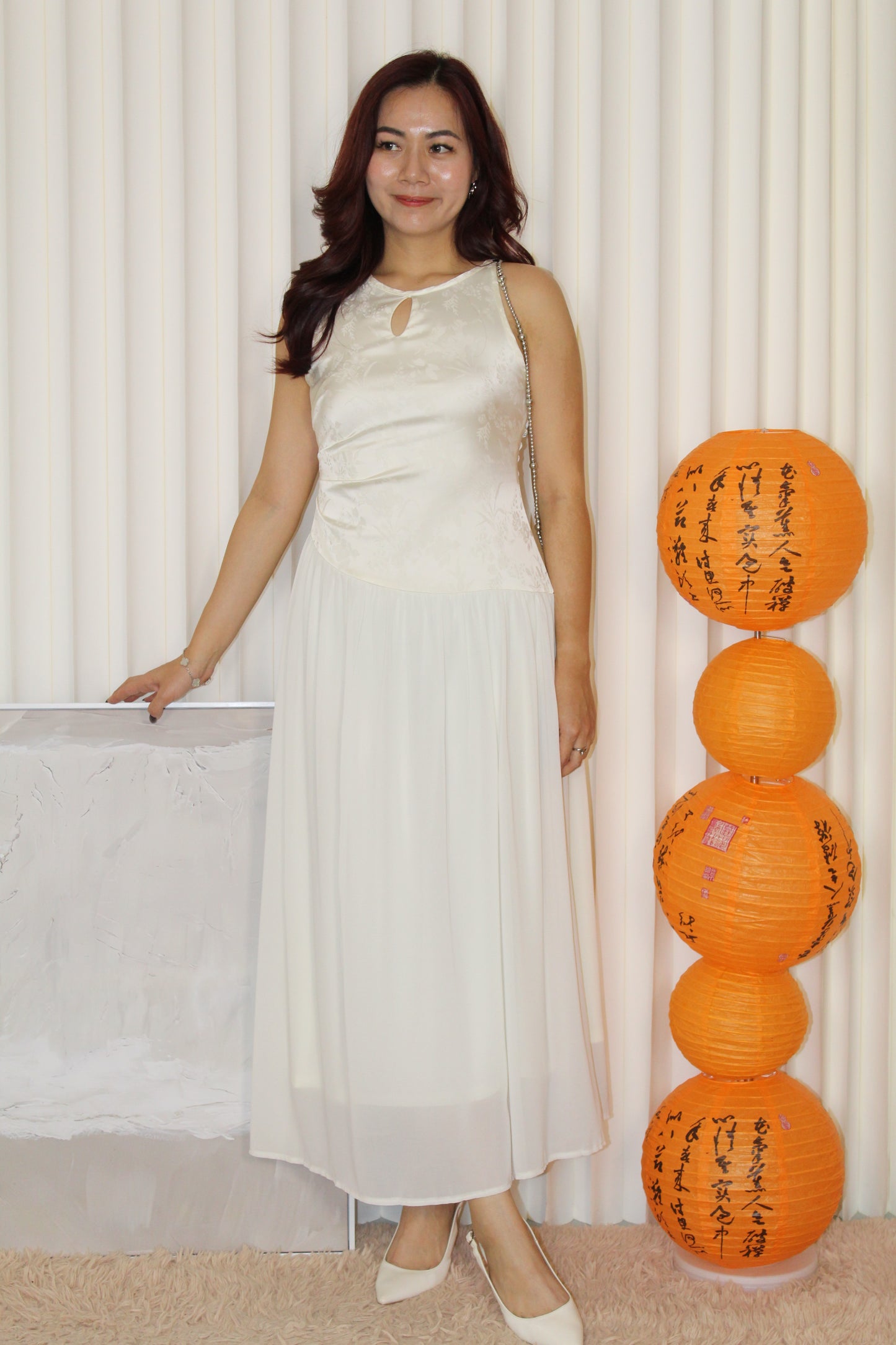 Emilia Cheongsam Flare Maxi Dress (Cream)