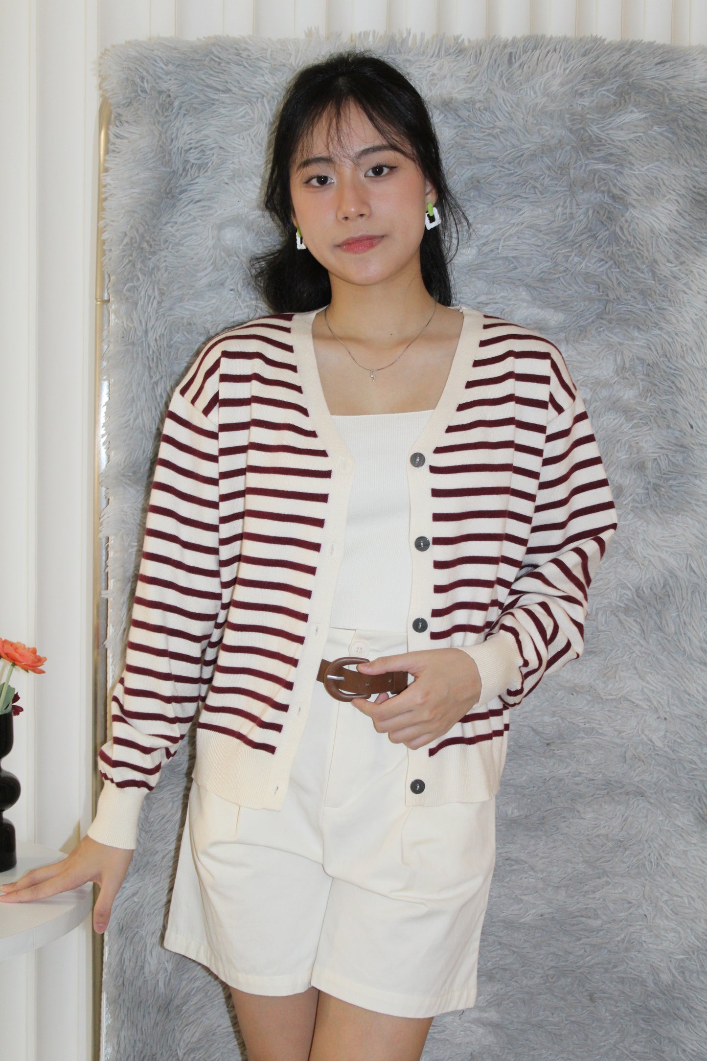 Teresa Stripes Cardigan Top (Brown)