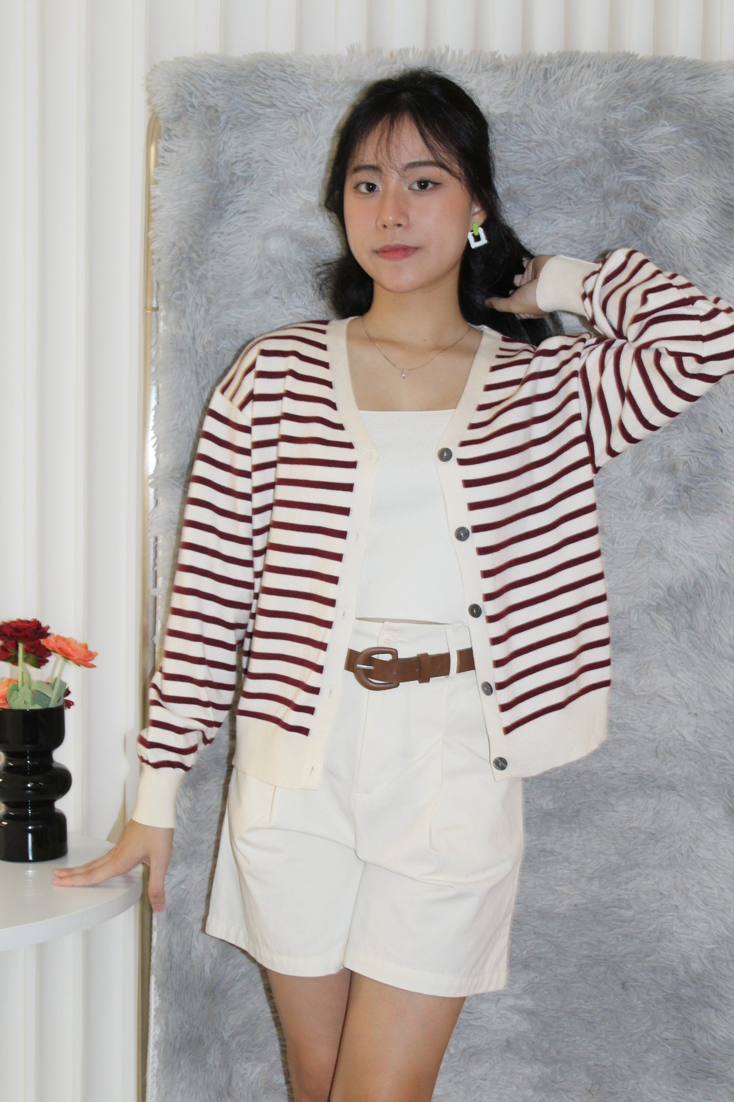 Teresa Stripes Cardigan Top (Brown)