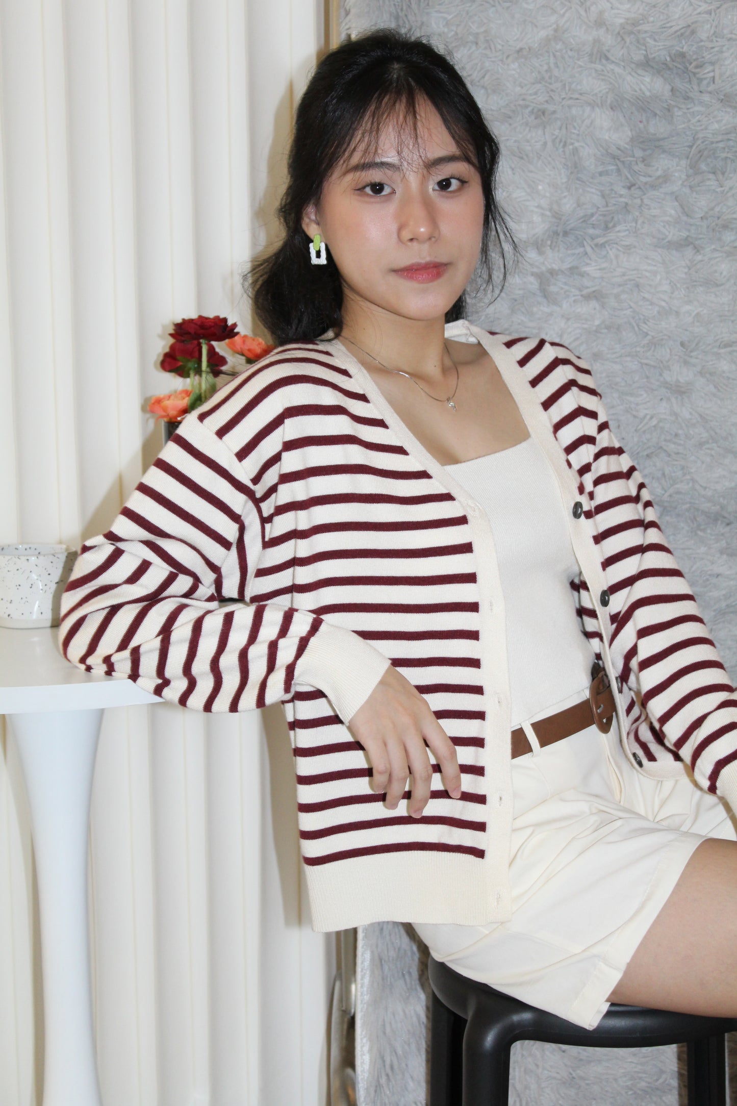 Teresa Stripes Cardigan Top (Brown)