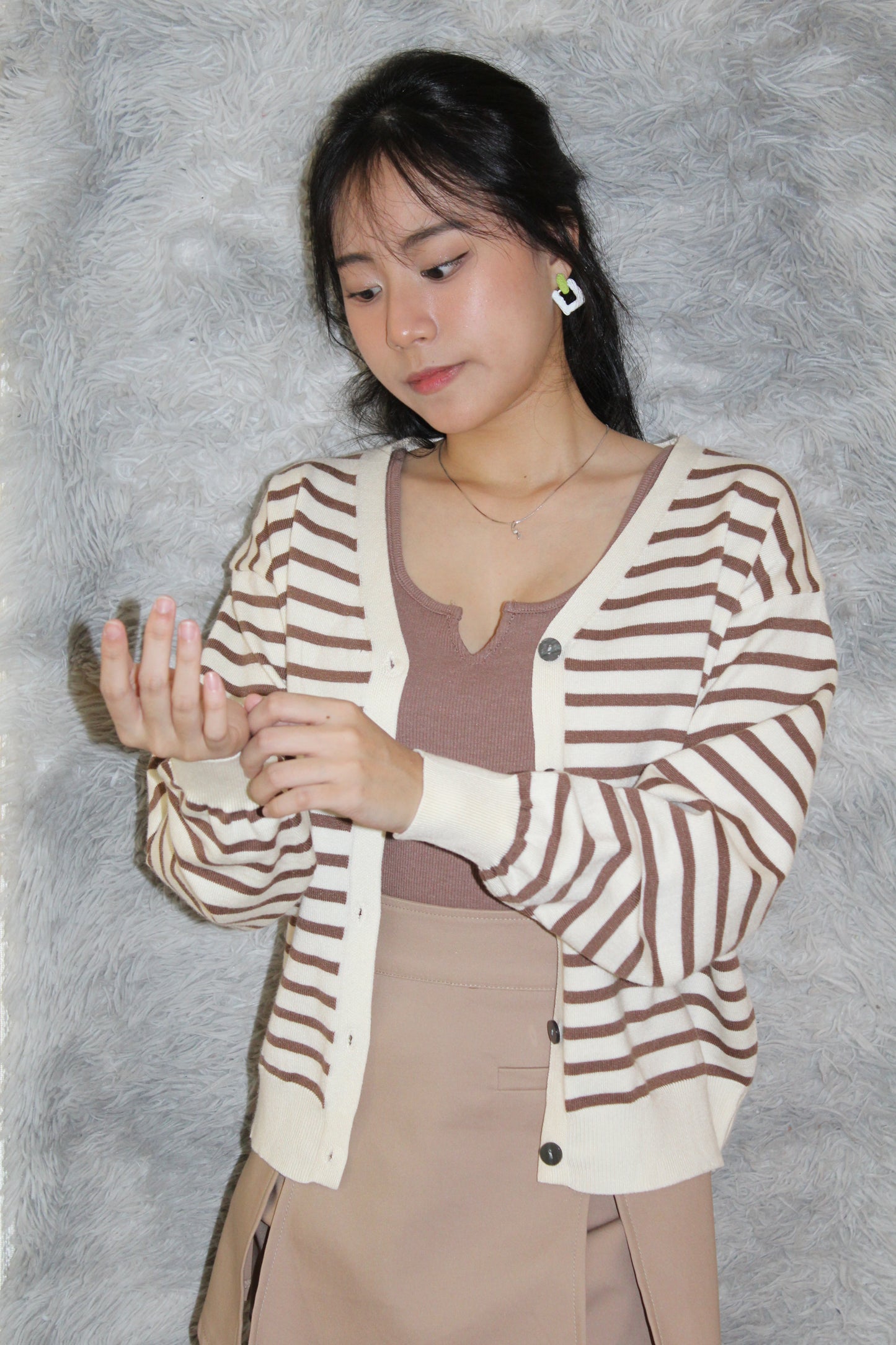 Teresa Stripes Cardigan Top (Brown)