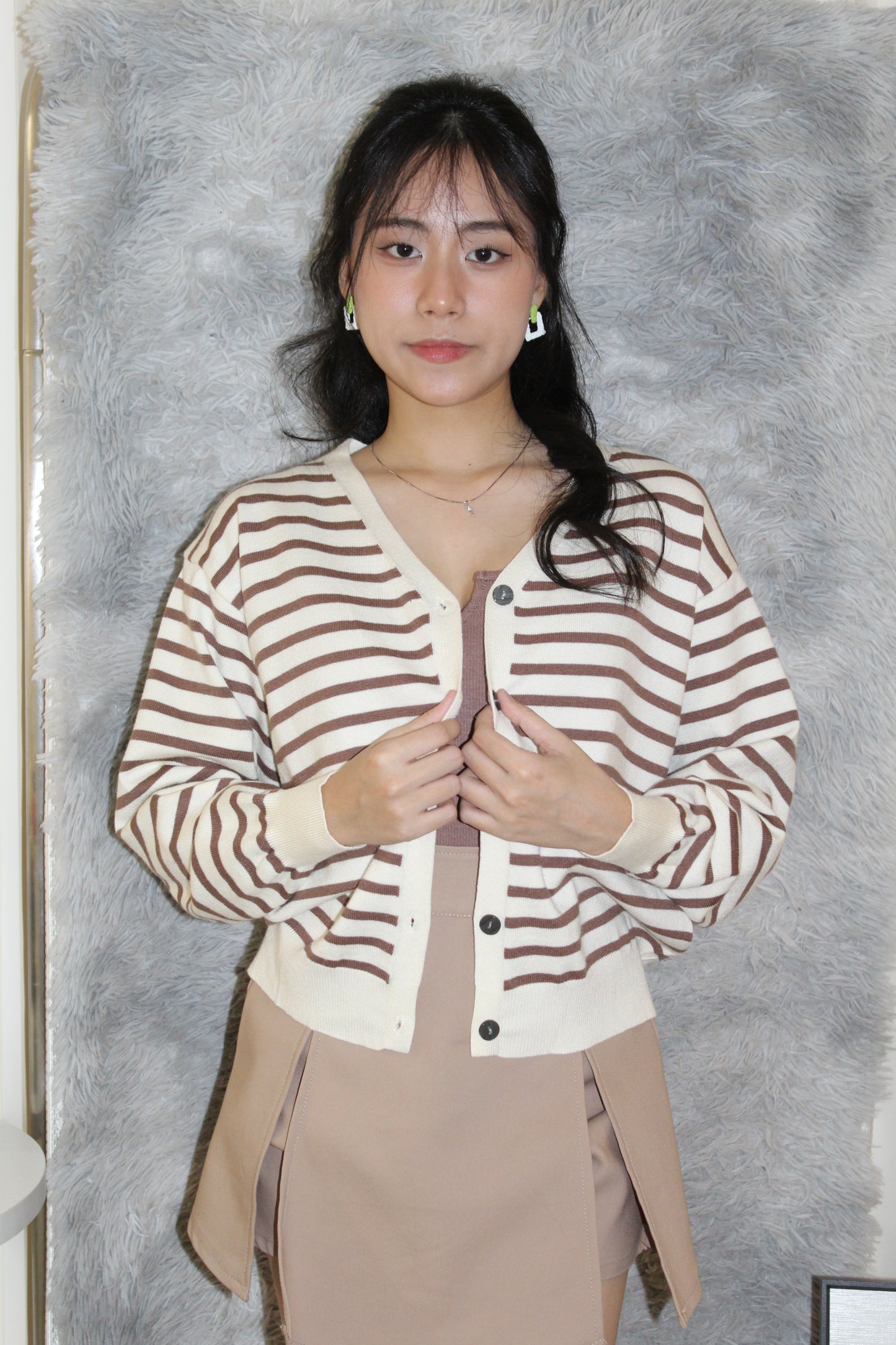 Teresa Stripes Cardigan Top (Brown)