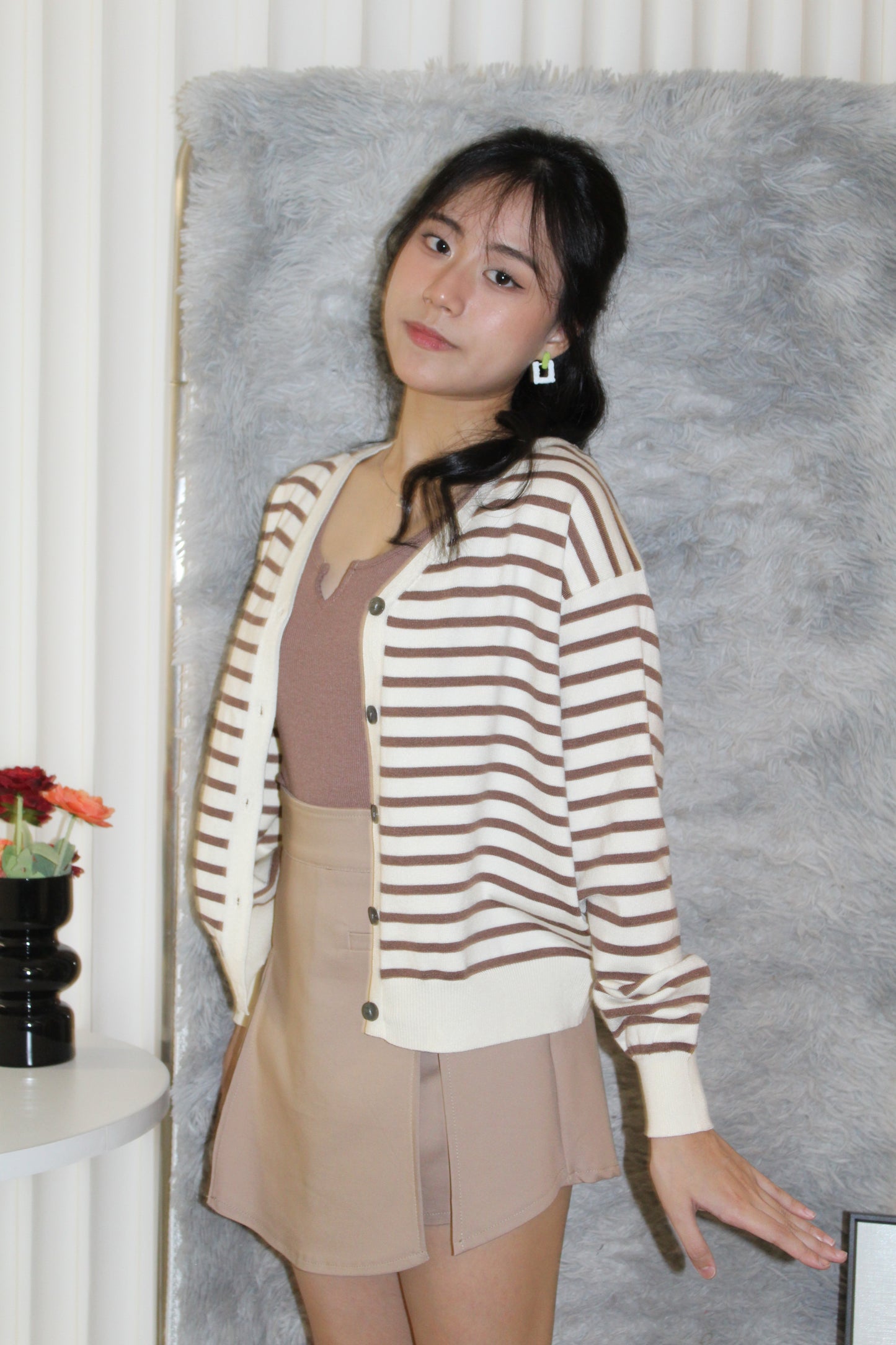 Teresa Stripes Cardigan Top (Brown)