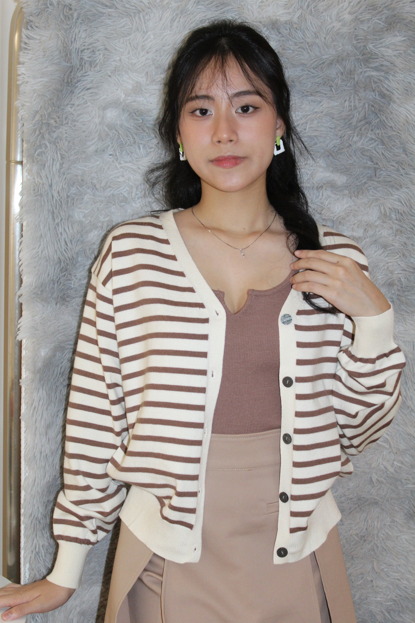 Teresa Stripes Cardigan Top (Brown)