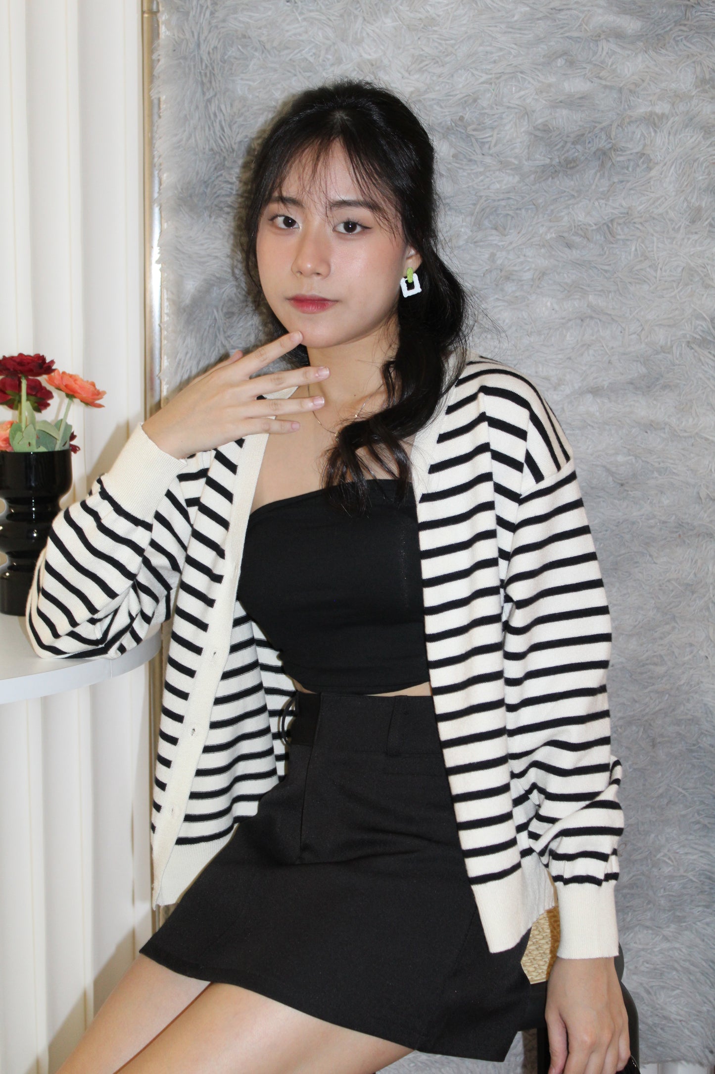 Teresa Stripes Cardigan Top (Brown)