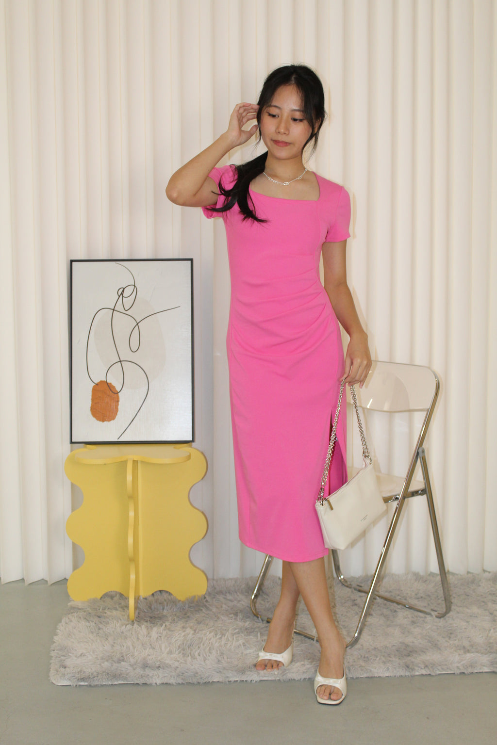 Maiya Ruched Midi Dress (Pink)