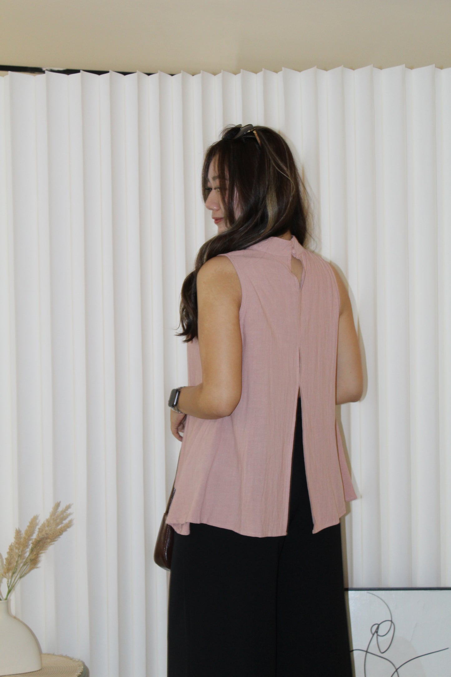 Lisha High Neck Flare Top (Pink)