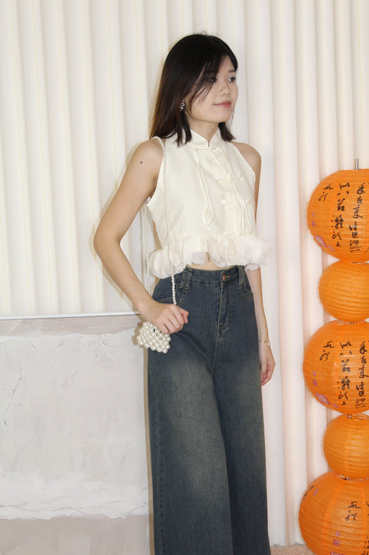 Jimmie Textured Oriental Crop Top (Cream)