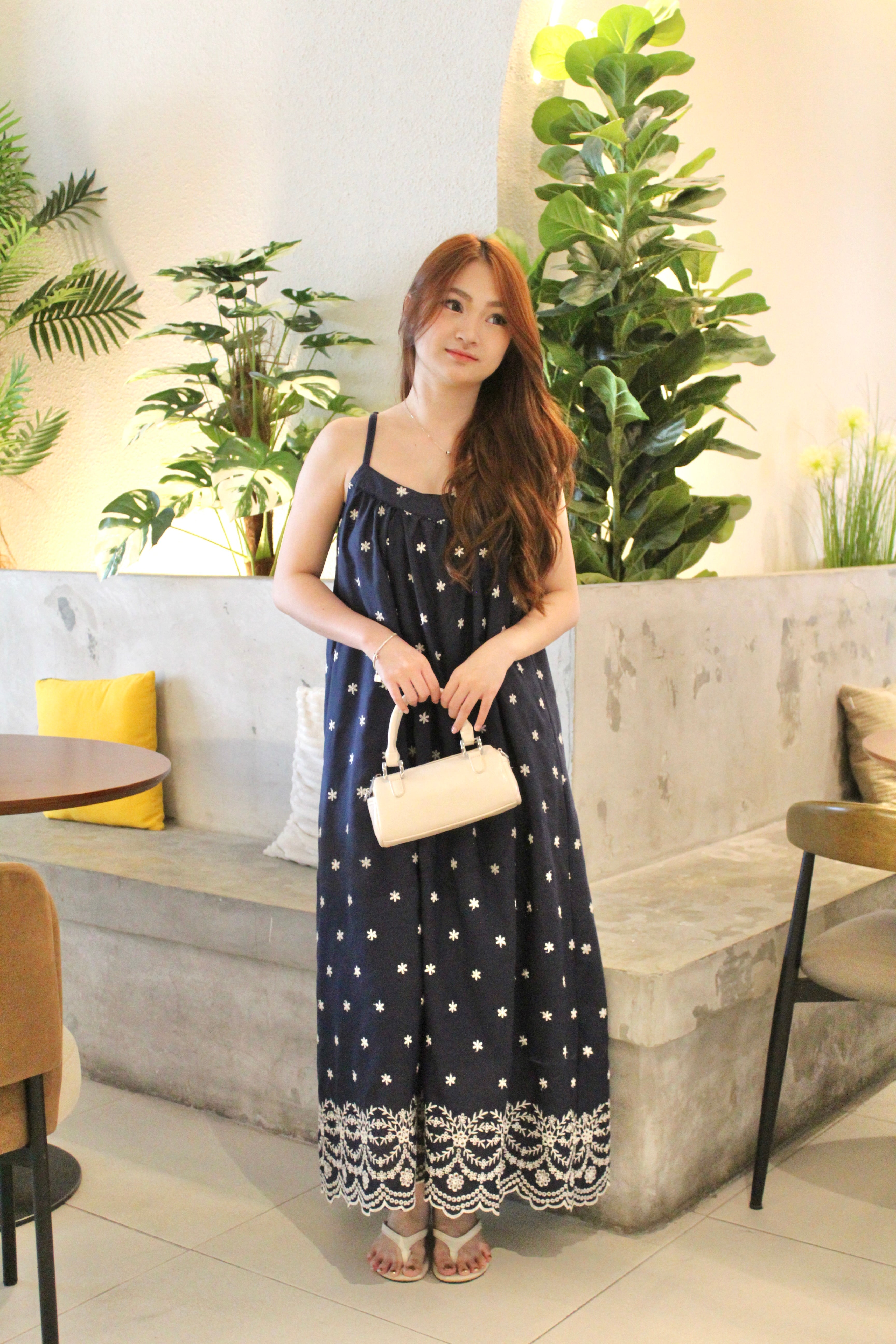 Sylvia Embroidered Flare Maxi Dress (Navy)