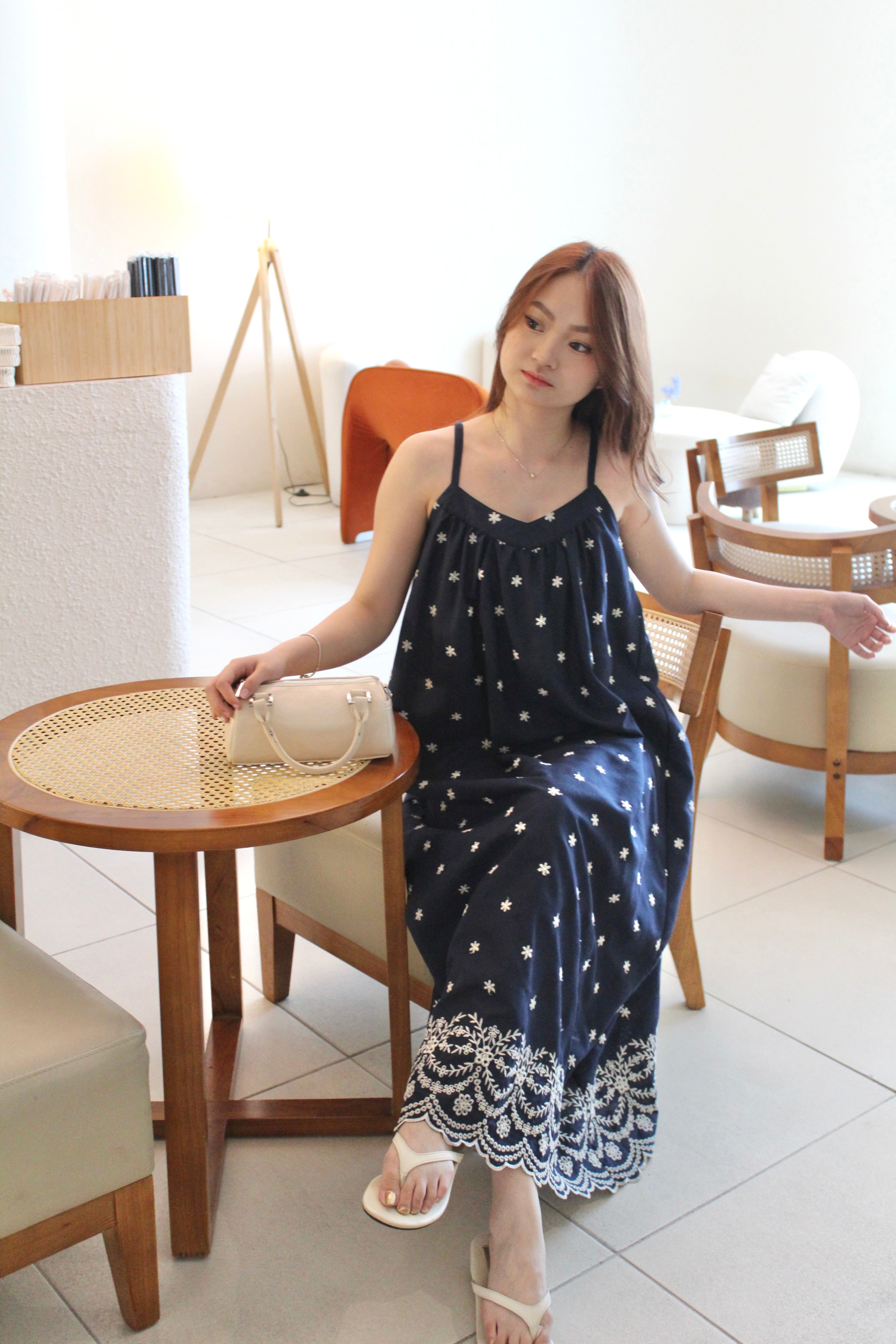 Sylvia Embroidered Flare Maxi Dress (Navy)