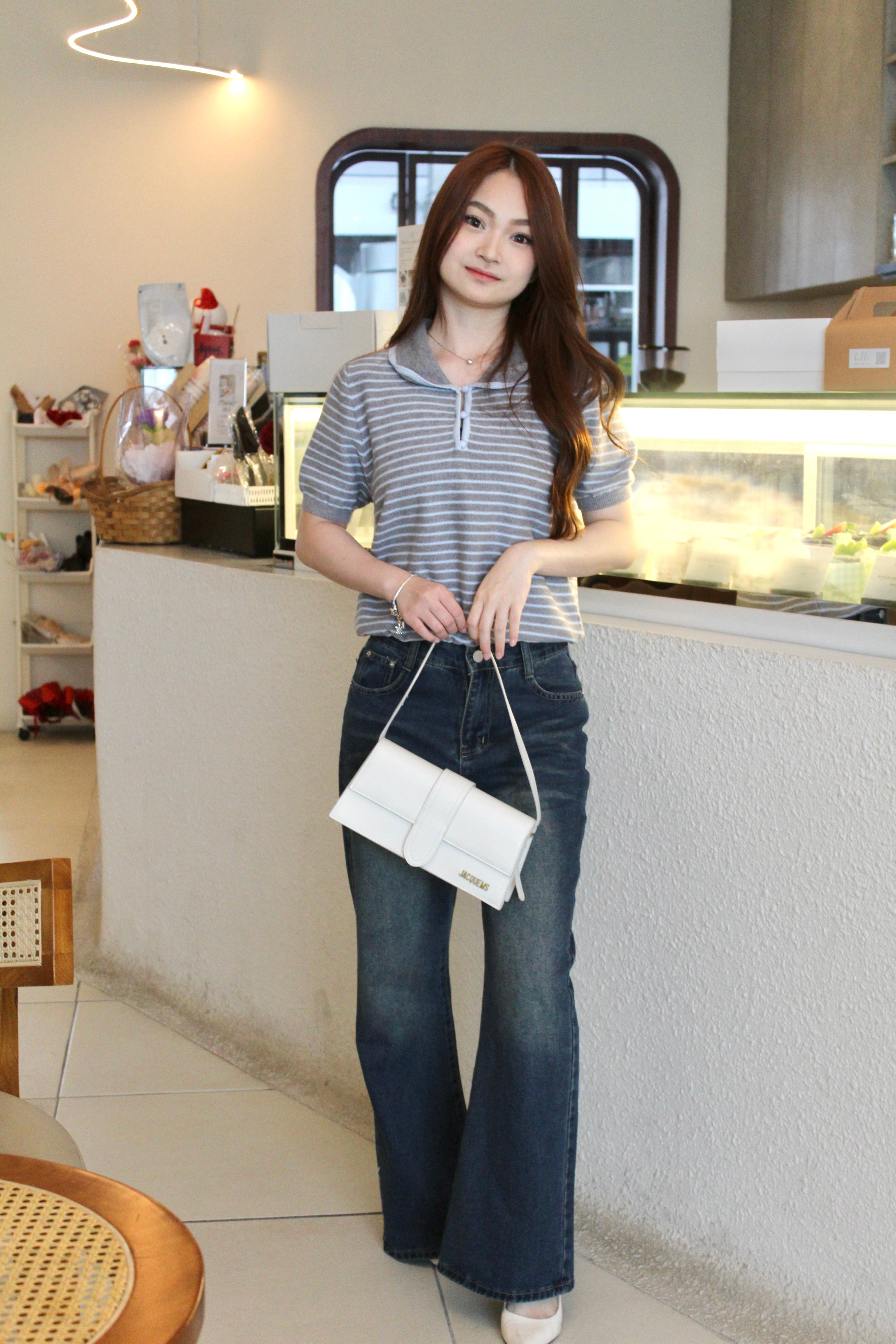 Harley Collared Stripes Knit Top (Brown)