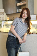 Harley Collared Stripes Knit Top (Brown)