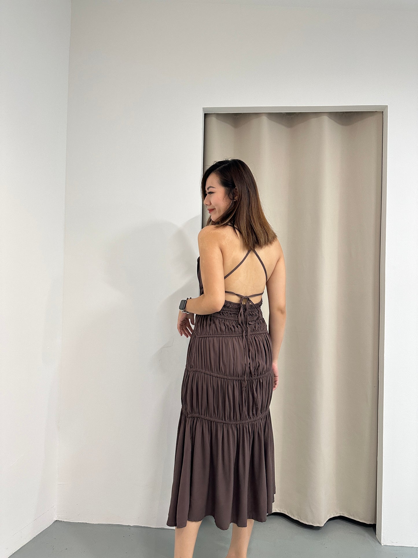 Aubrey Deep V Bare Back Dress (Brown)