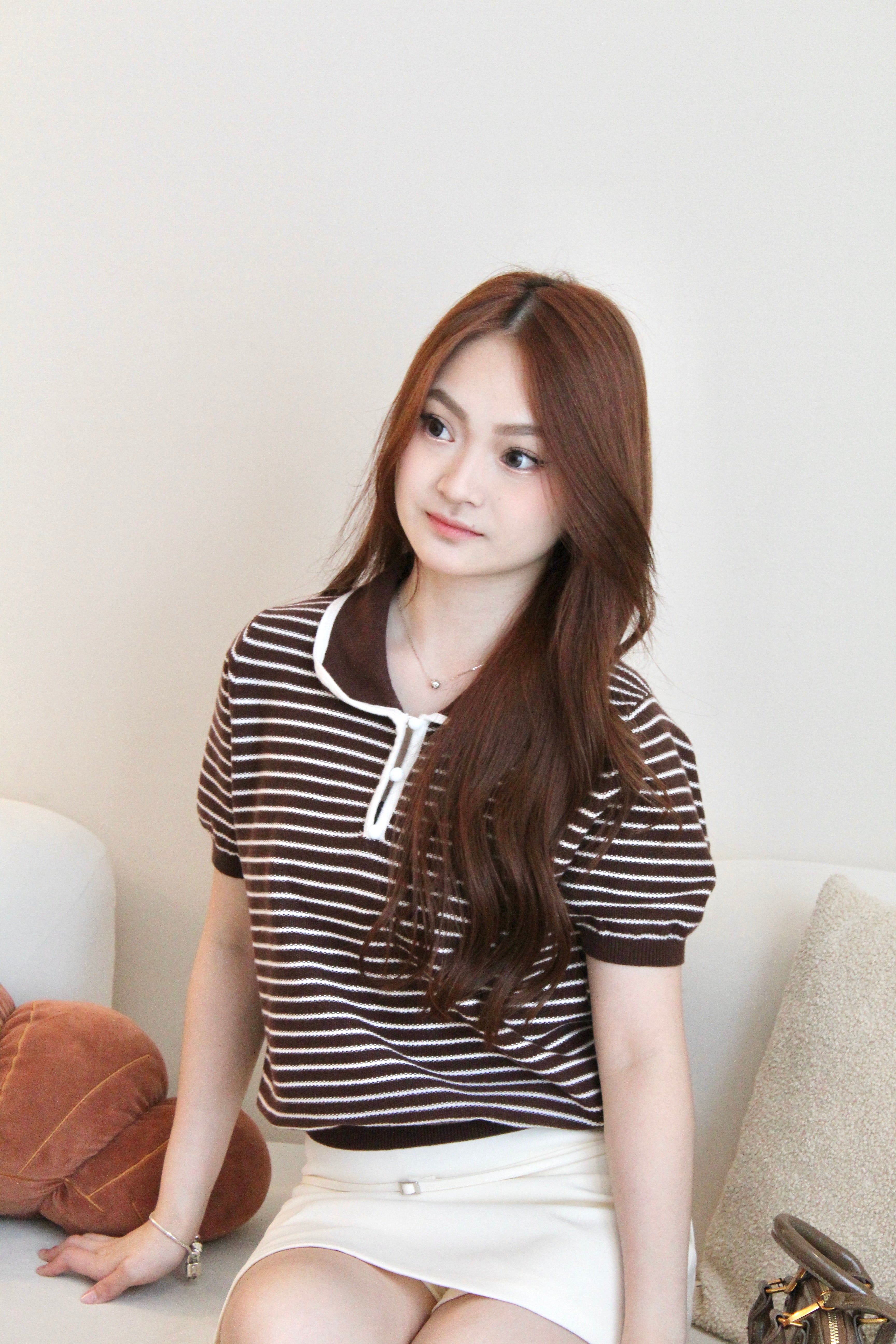 Harley Collared Stripes Knit Top (Brown)