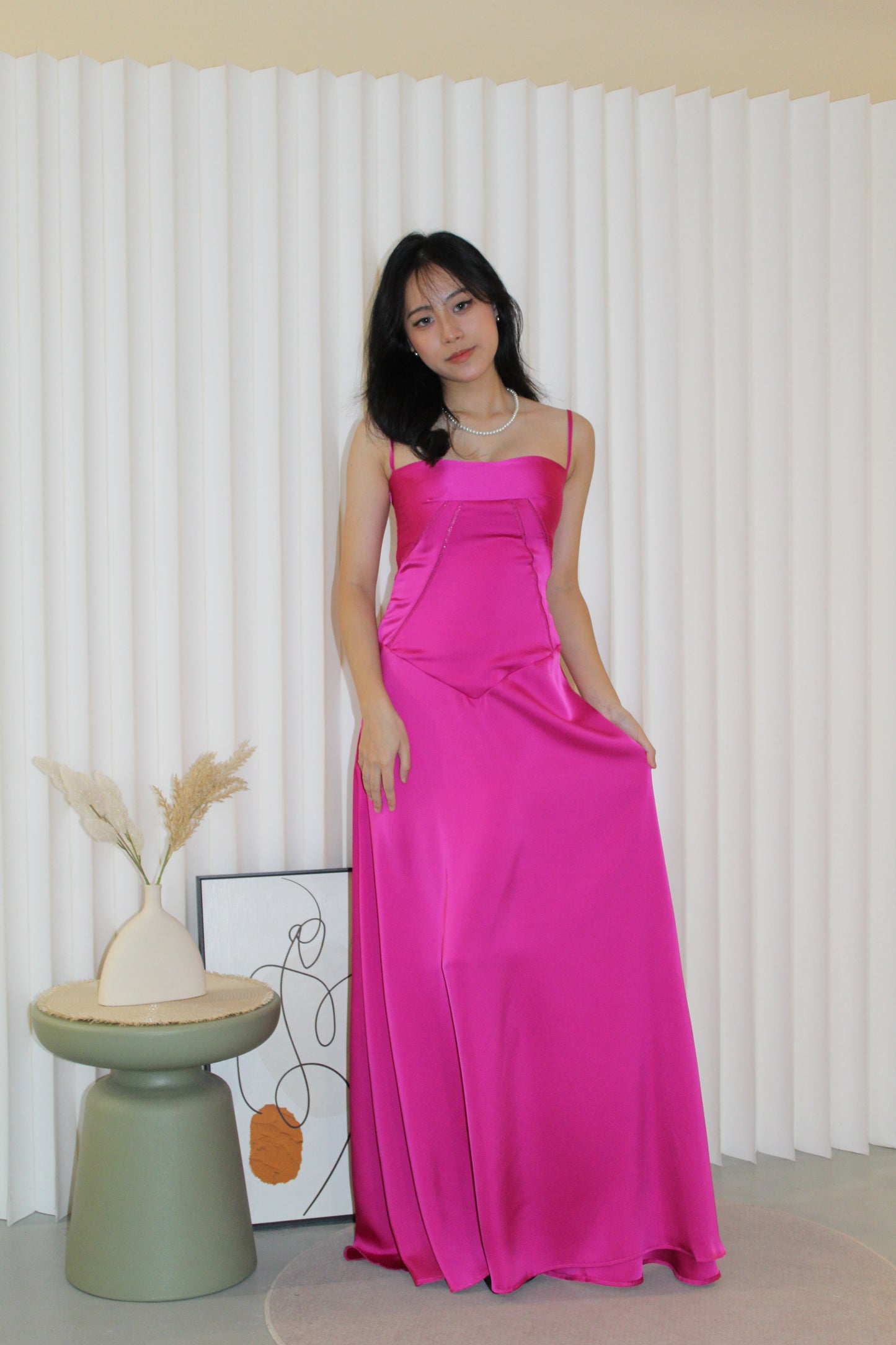 Aveline Corset Satin Maxi Dress (Pink)