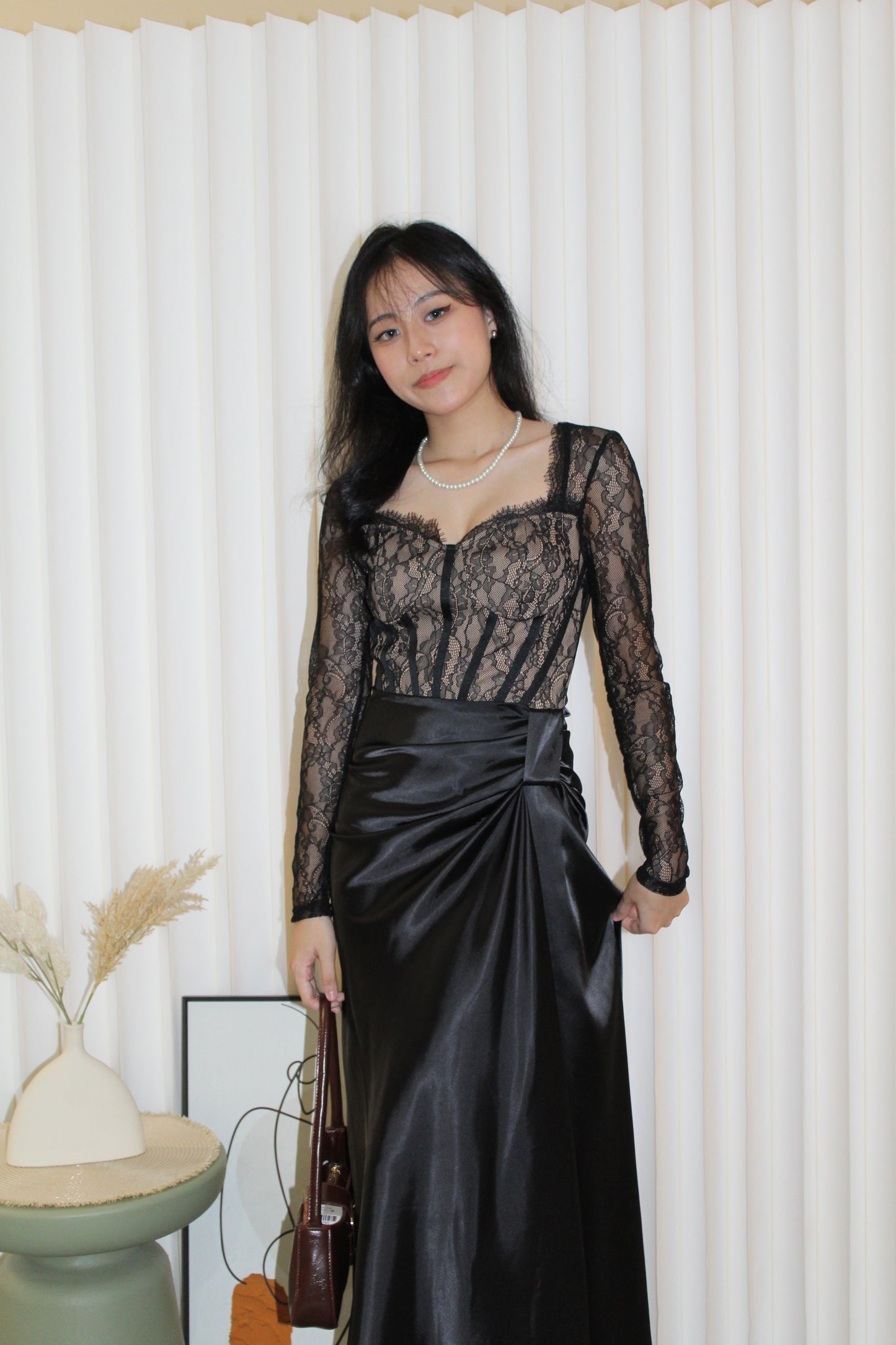 Wenna Lace Satin Maxi Dress (Black)