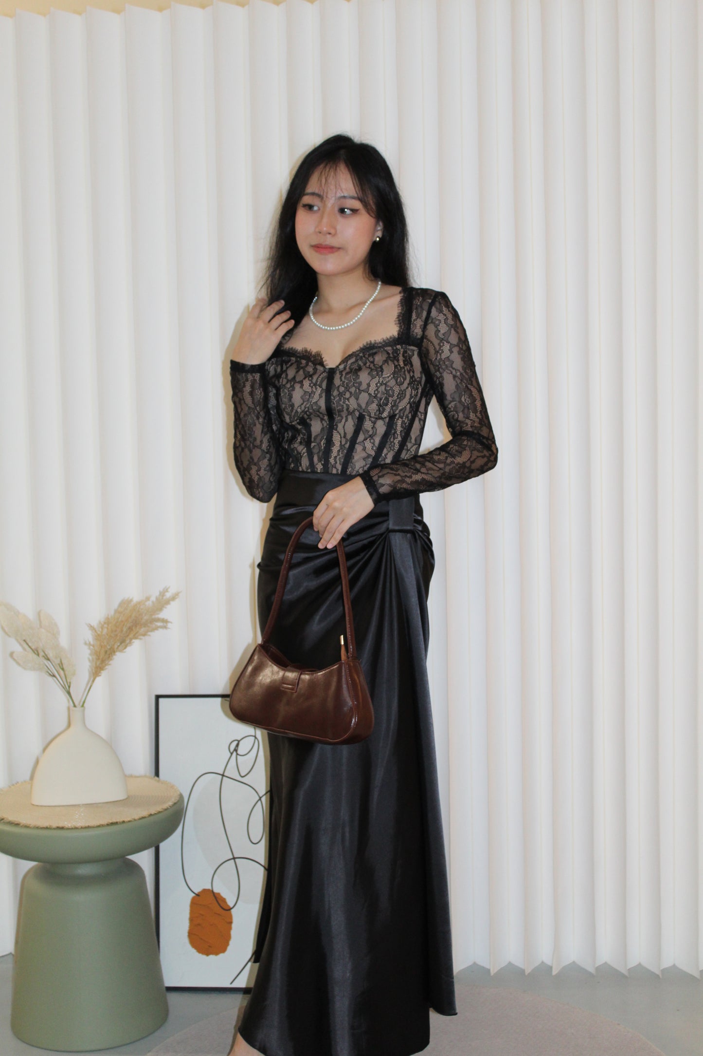 Wenna Lace Satin Maxi Dress (Black)