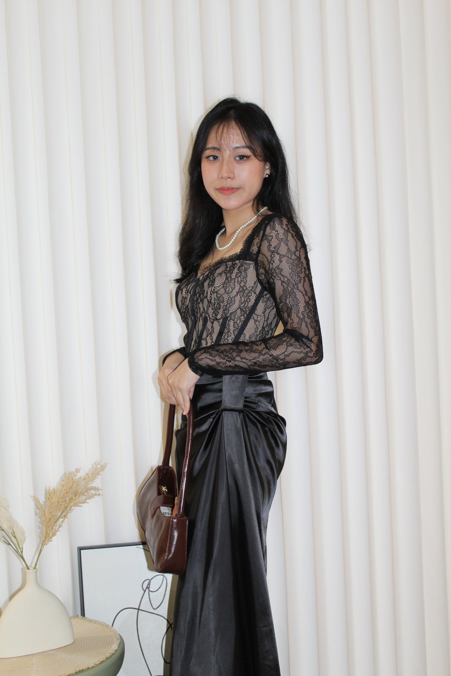 Wenna Lace Satin Maxi Dress (Black)