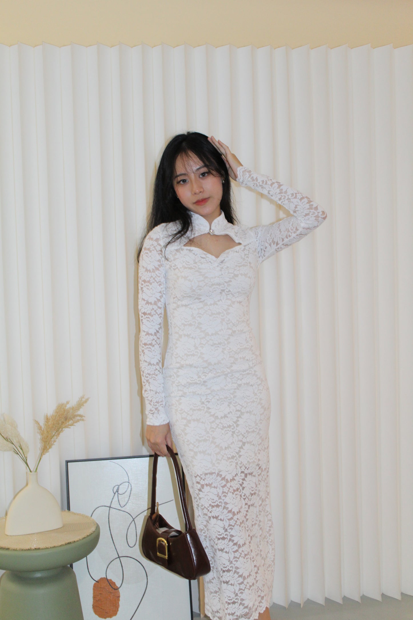 Liora Lace High Neck Midi Dress (White)